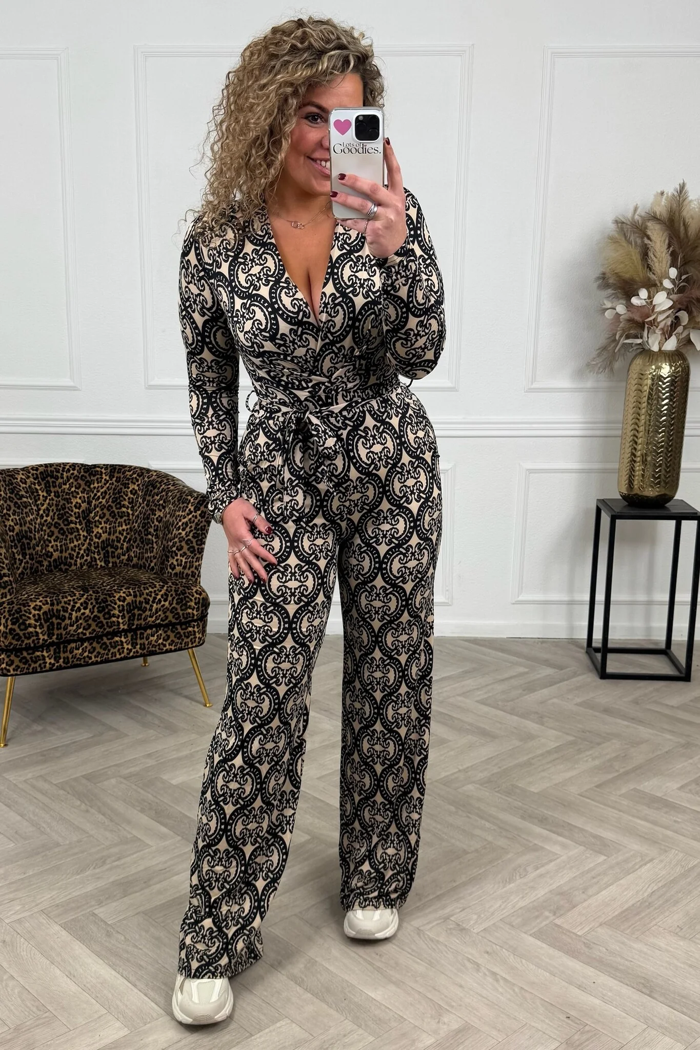 Long Sleeve Barok Jumpsuit - Beige/Black - Image 2