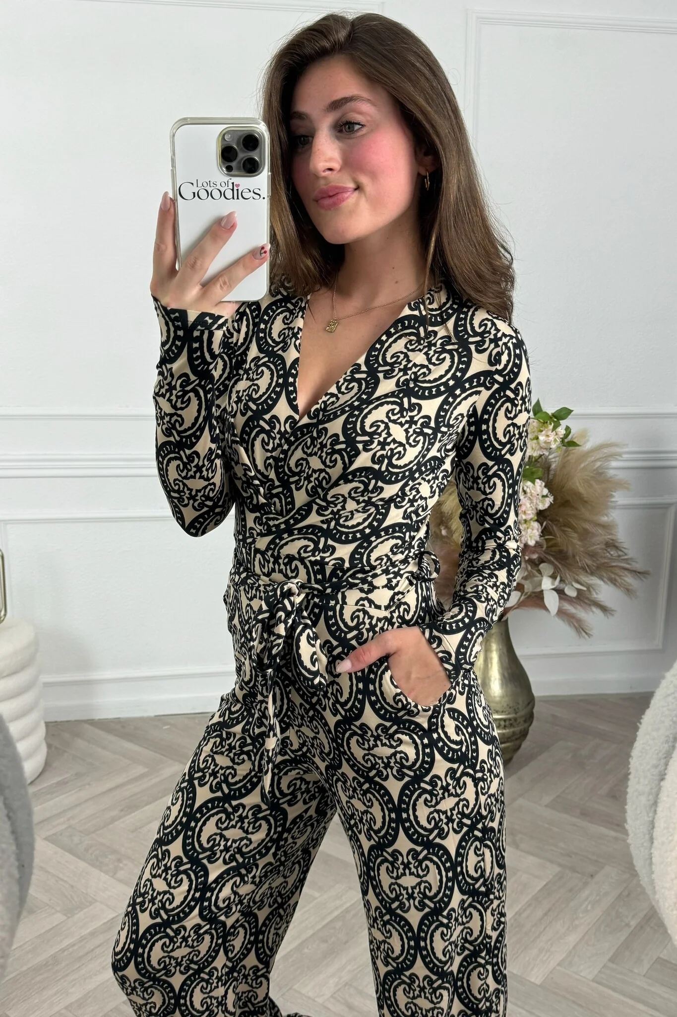 Long Sleeve Barok Jumpsuit - Beige/Black - Image 6