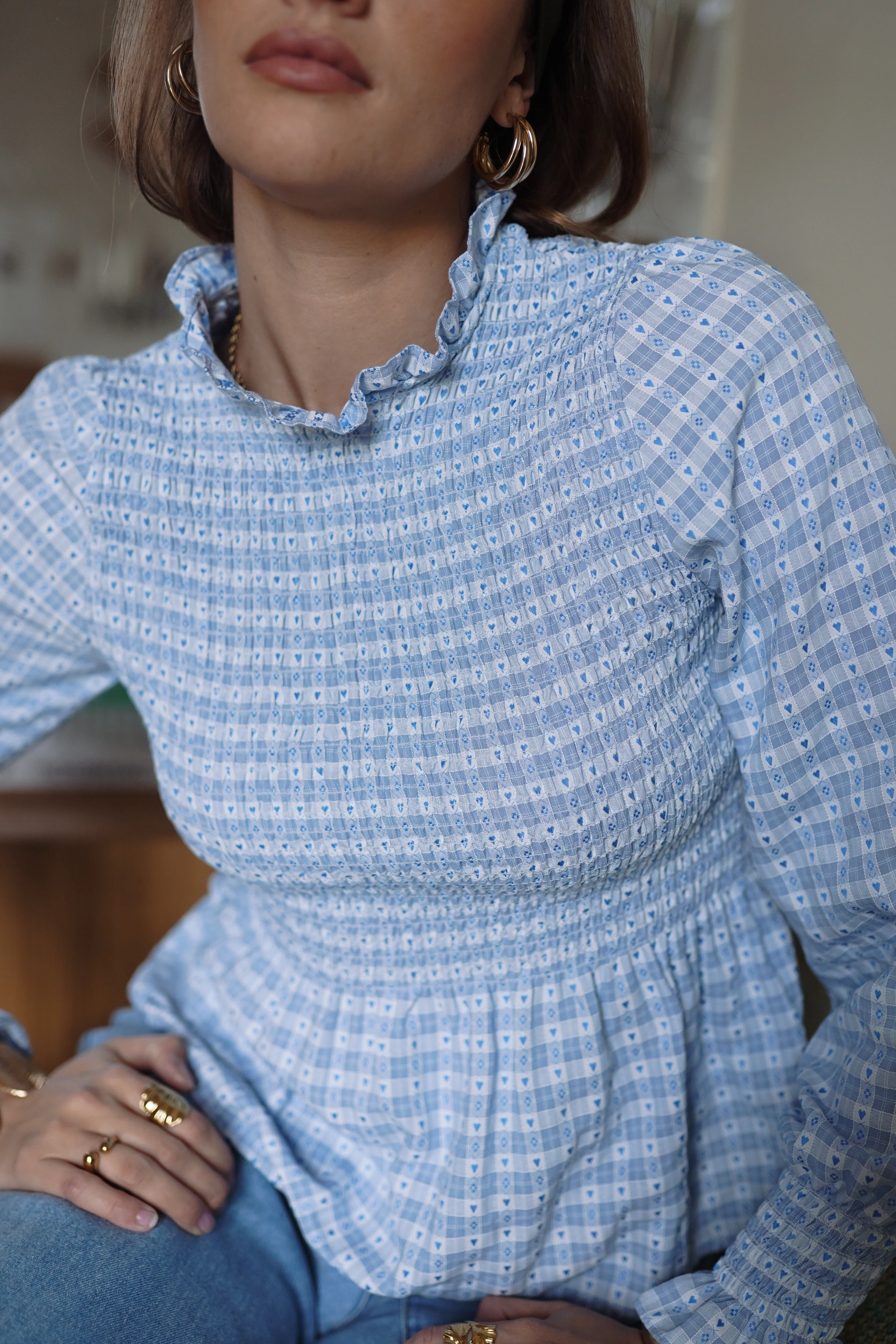 Long Sleeve Checkered Top - Light Blue