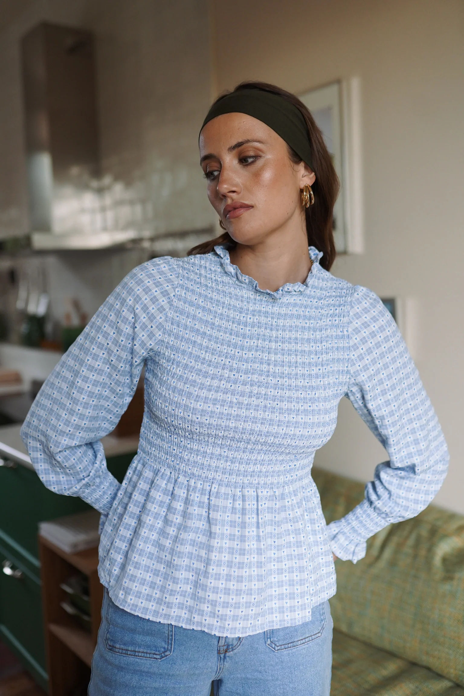 Long Sleeve Checkered Top - Light Blue - Image 2