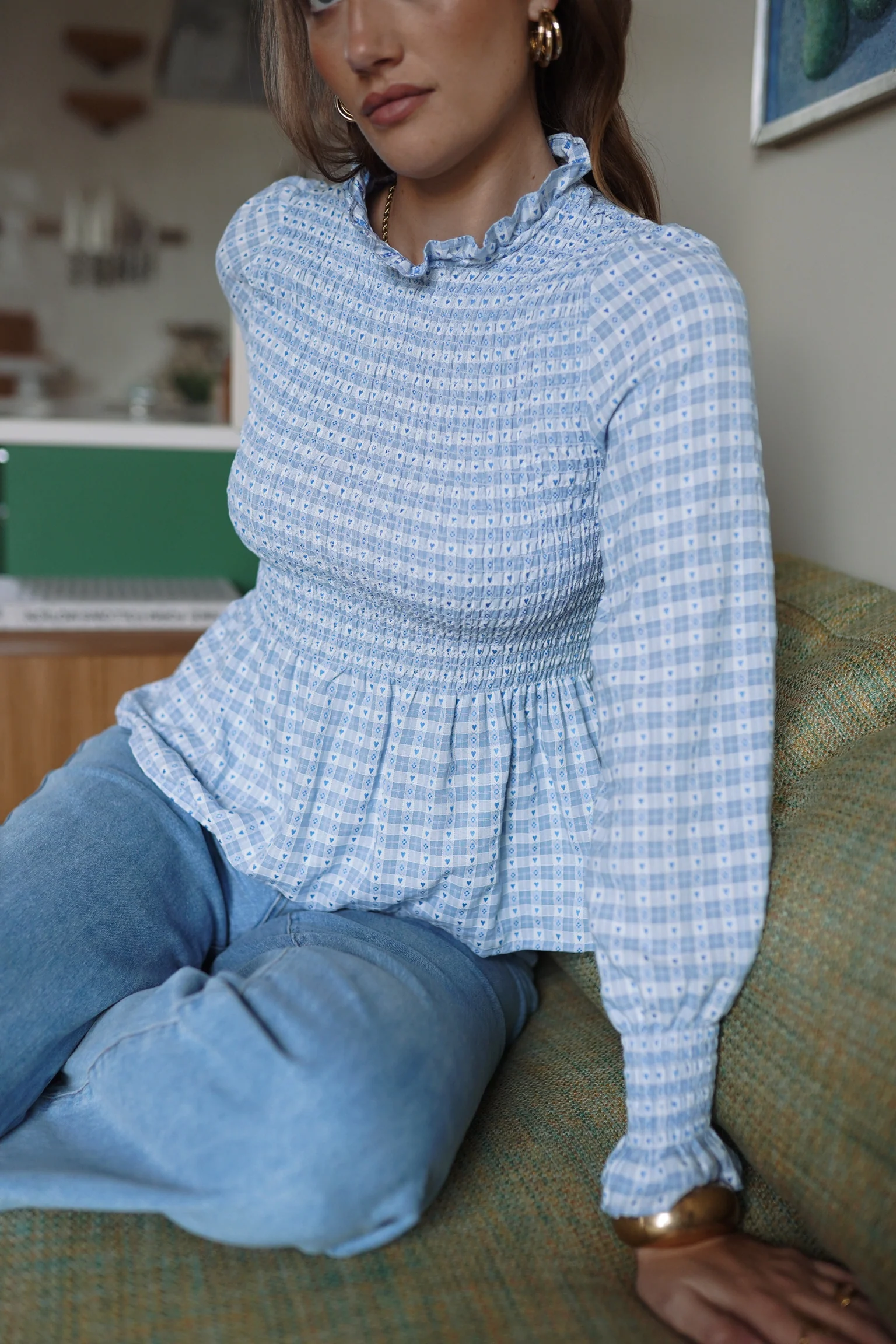 Long Sleeve Checkered Top - Light Blue - Image 3