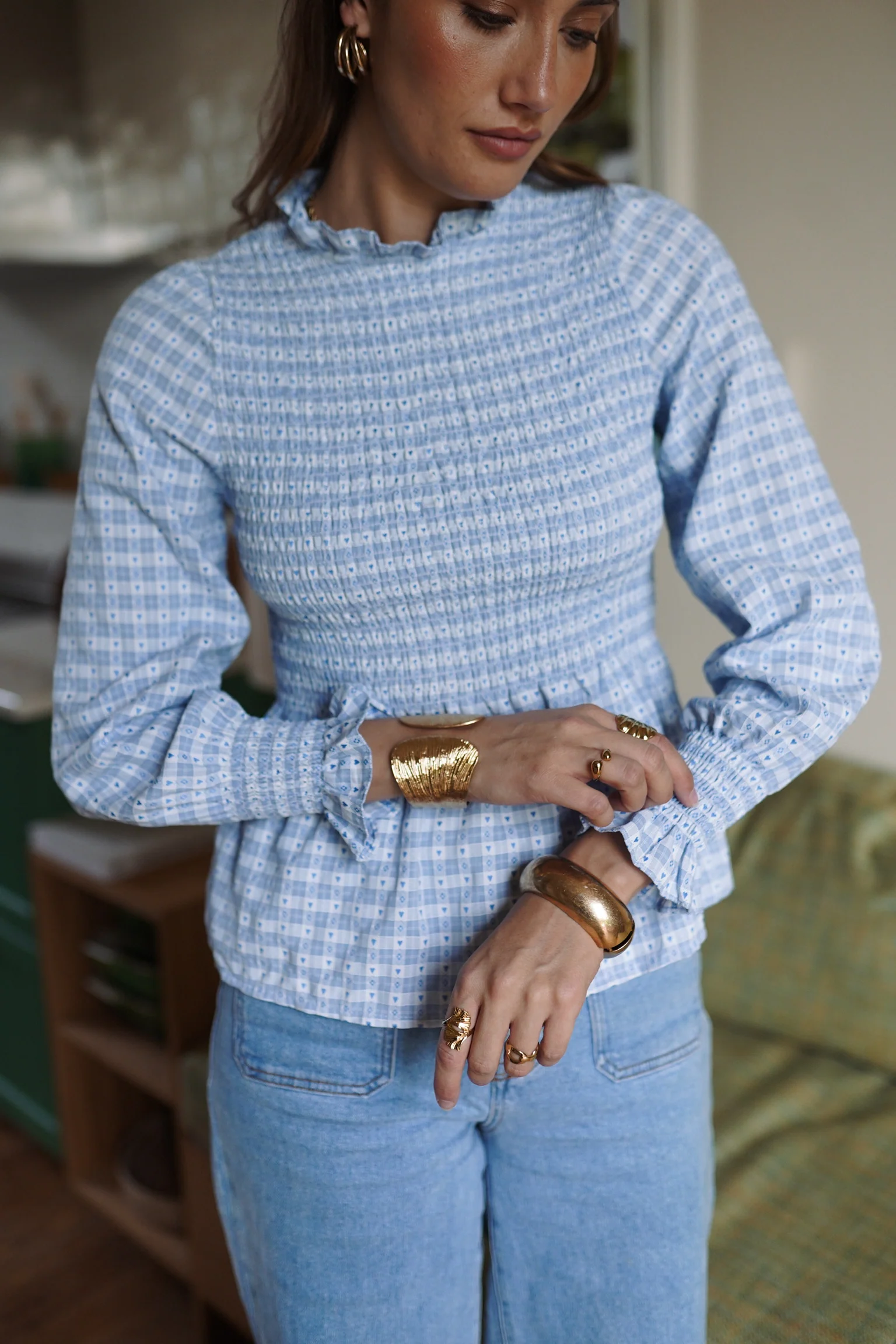 Long Sleeve Checkered Top - Light Blue - Image 4