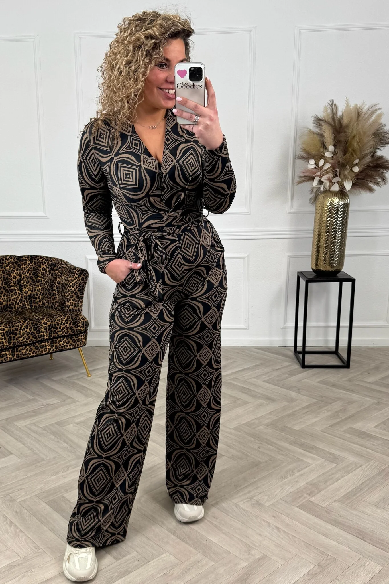Long Sleeve Diamond Jumpsuit - Black/Taupe