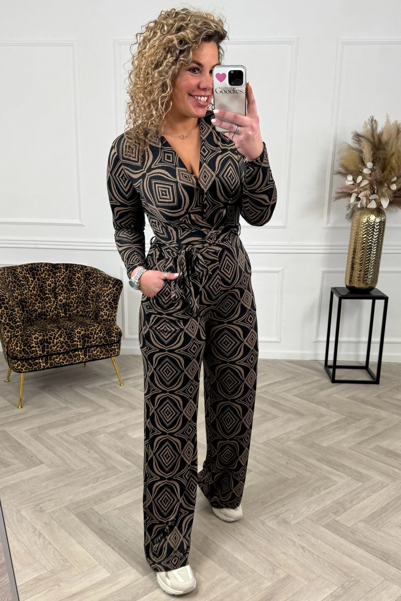 Long Sleeve Diamond Jumpsuit - Black/Taupe - Image 2
