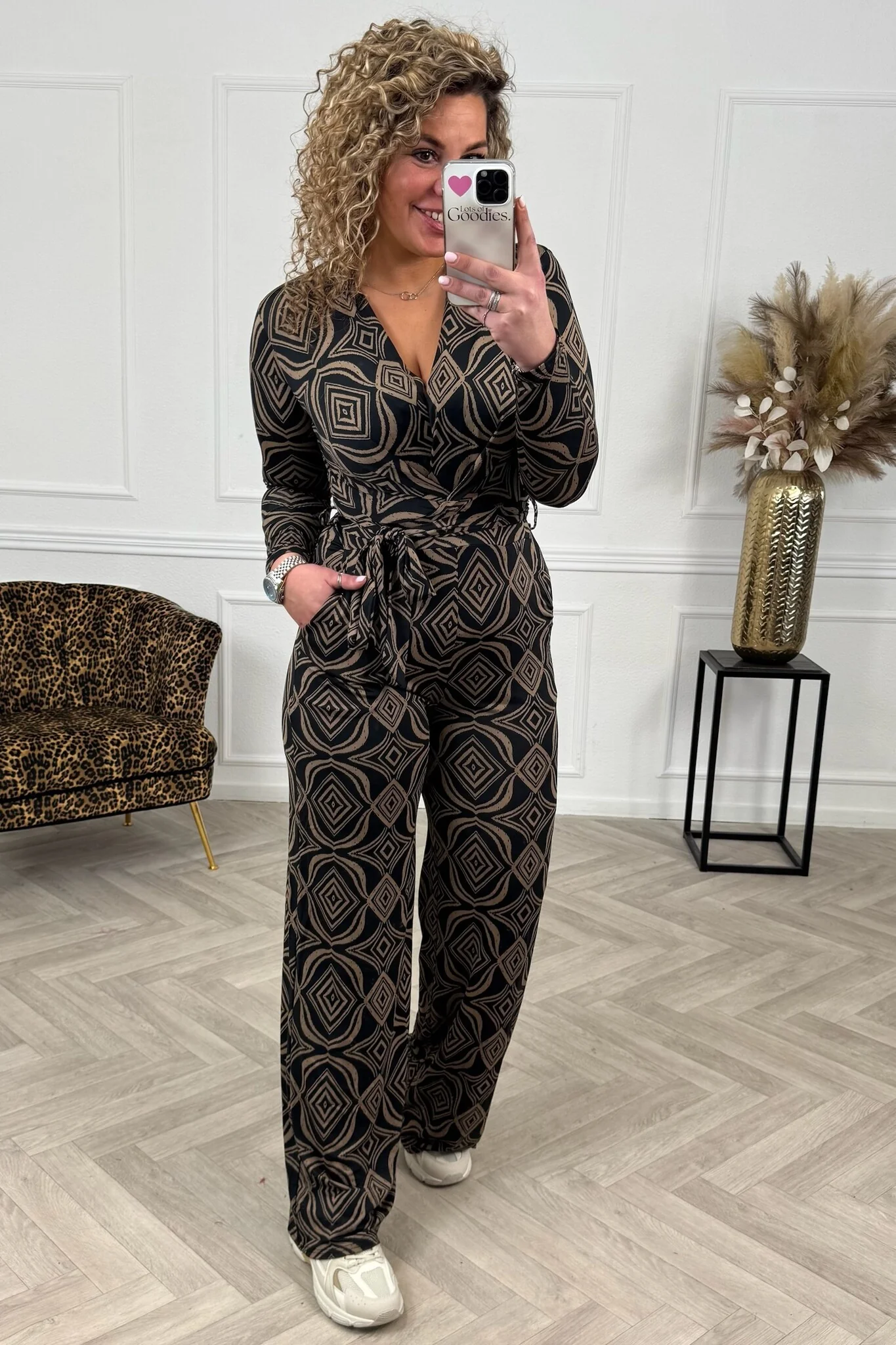 Long Sleeve Diamond Jumpsuit - Black/Taupe - Image 3