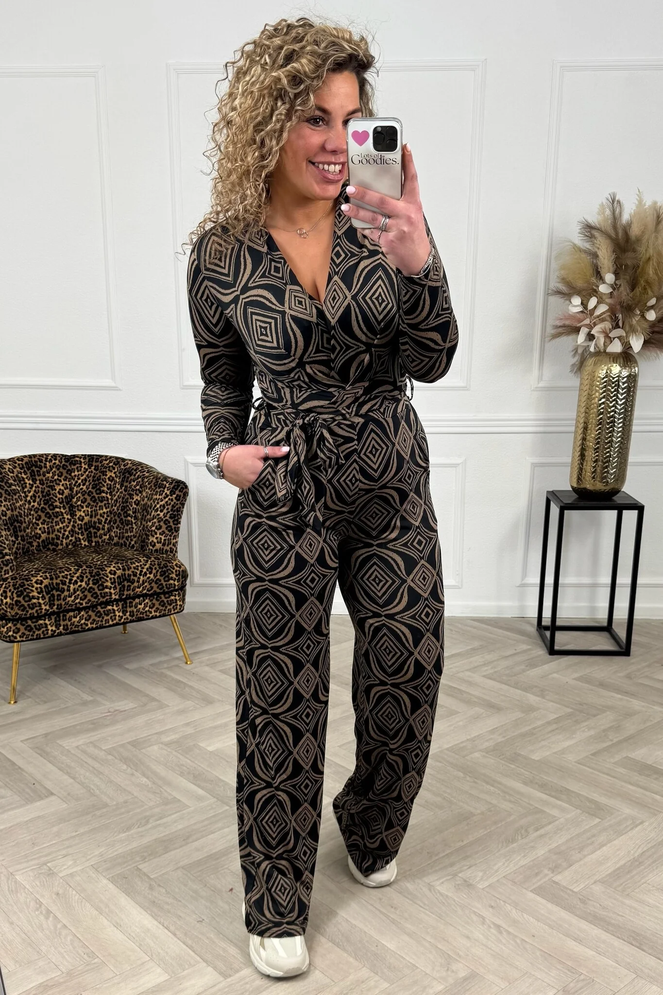 Long Sleeve Diamond Jumpsuit - Black/Taupe - Image 4