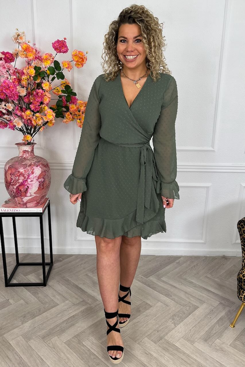 Long Sleeve Dotted Ruffle Dress - Armygreen
