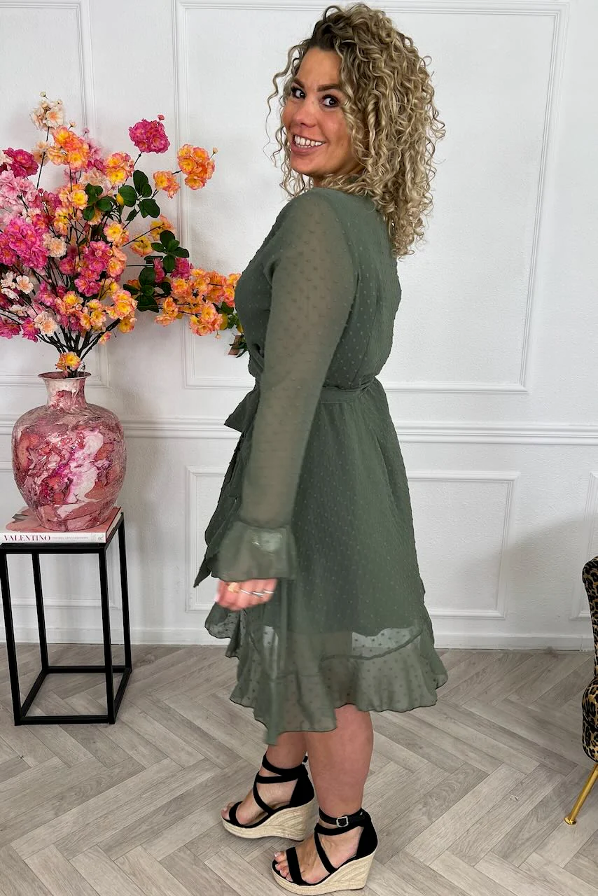 Long Sleeve Dotted Ruffle Dress - Armygreen - Image 2