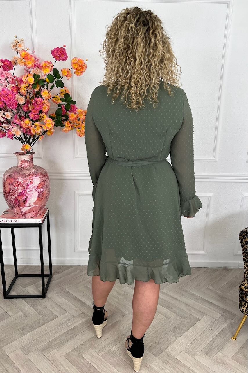 Long Sleeve Dotted Ruffle Dress - Armygreen - Image 4