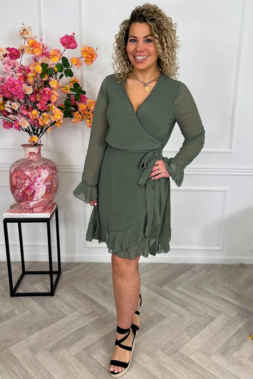 Long Sleeve Dotted Ruffle Dress - Armygreen - Image 5