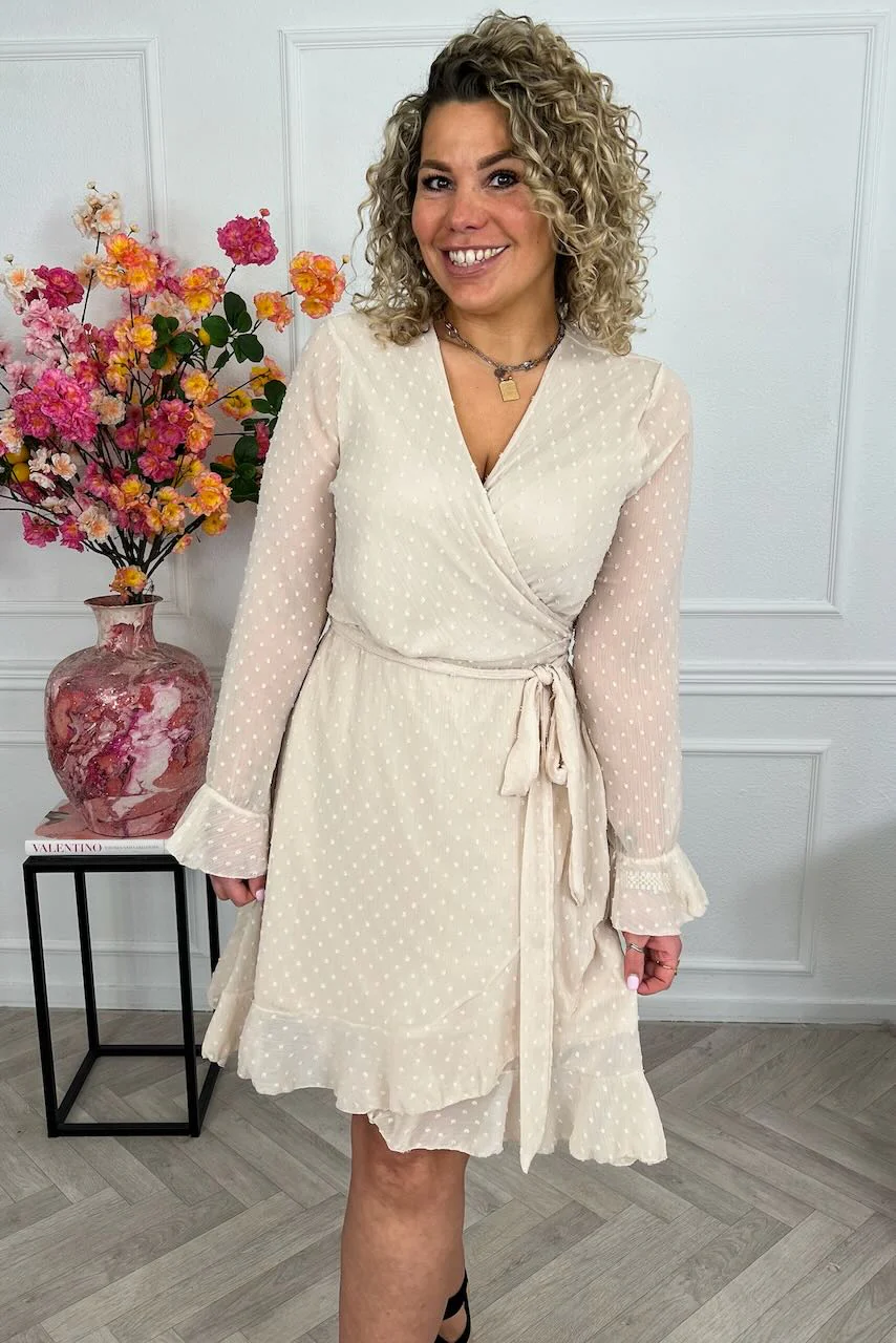 Long Sleeve Dotted Ruffle Dress - Beige - Image 4