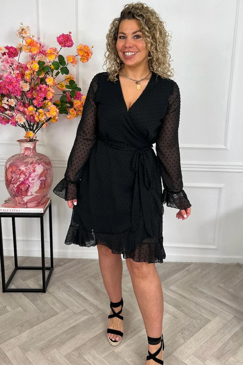 Long Sleeve Dotted Ruffle Dress - Black - Image 2
