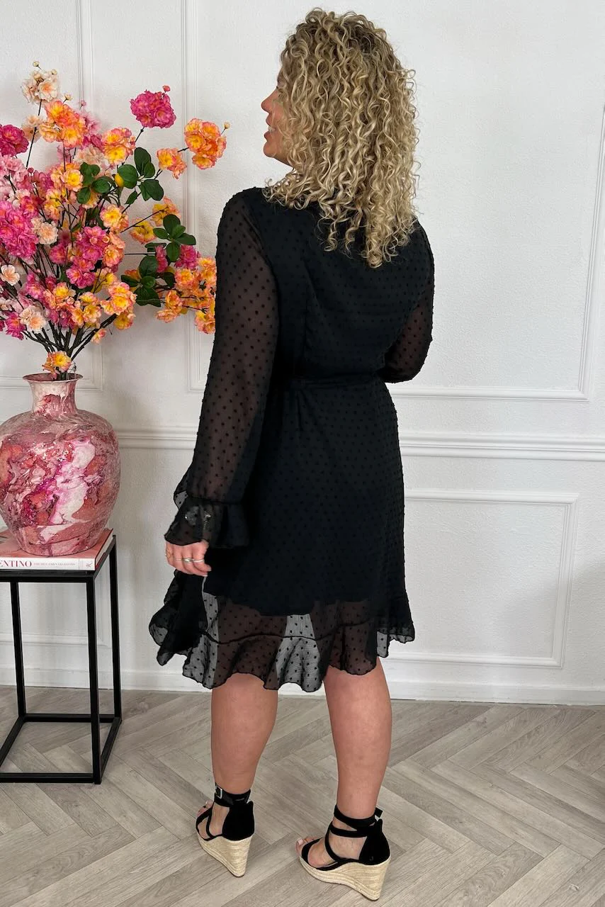Long Sleeve Dotted Ruffle Dress - Black - Image 4
