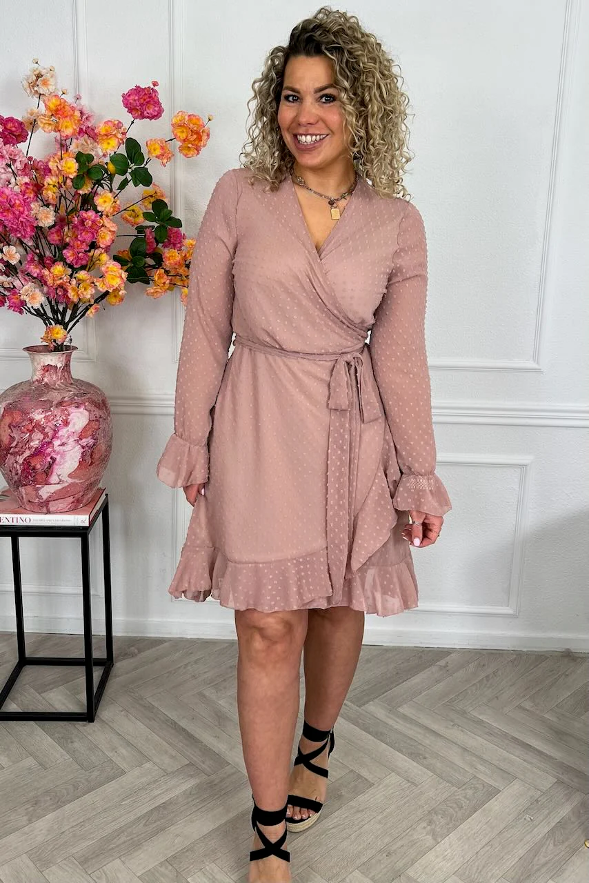 Long Sleeve Dotted Ruffle Dress - Old Pink