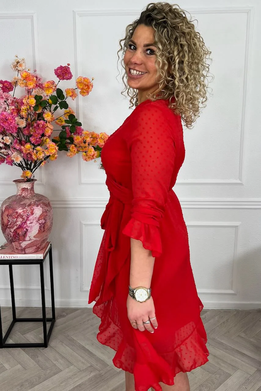 Long Sleeve Dotted Ruffle Dress - Red - Image 2