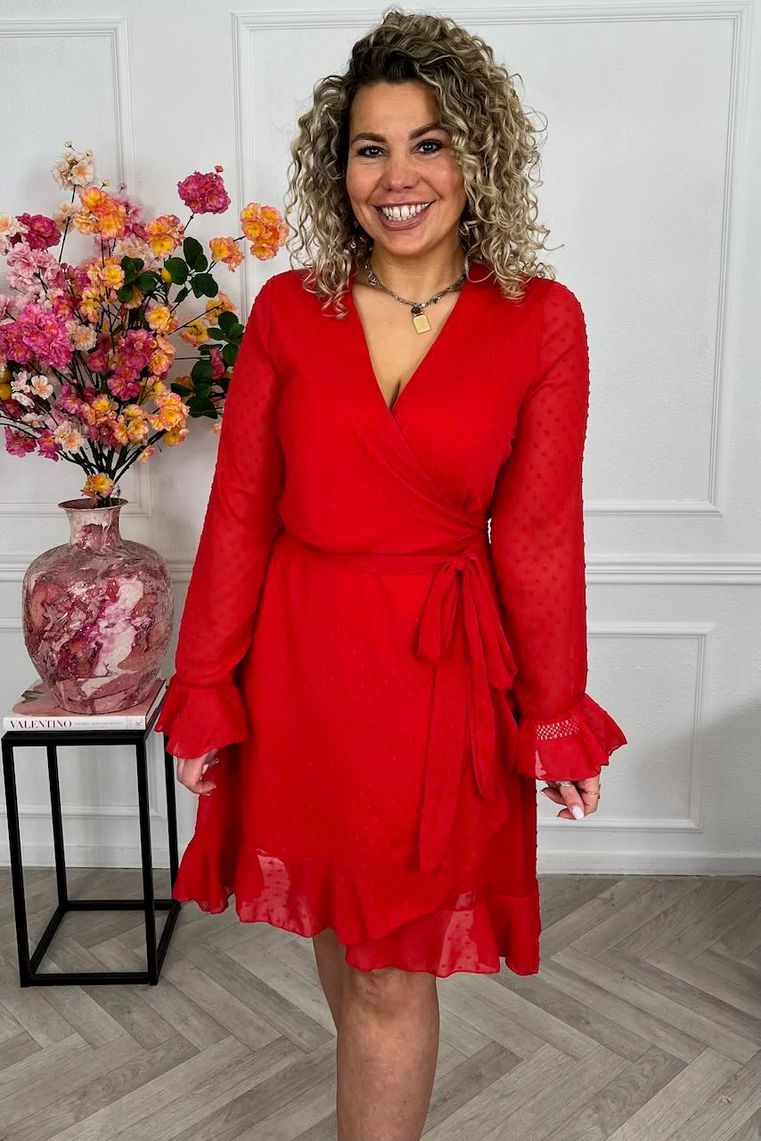Long Sleeve Dotted Ruffle Dress - Red - Image 4