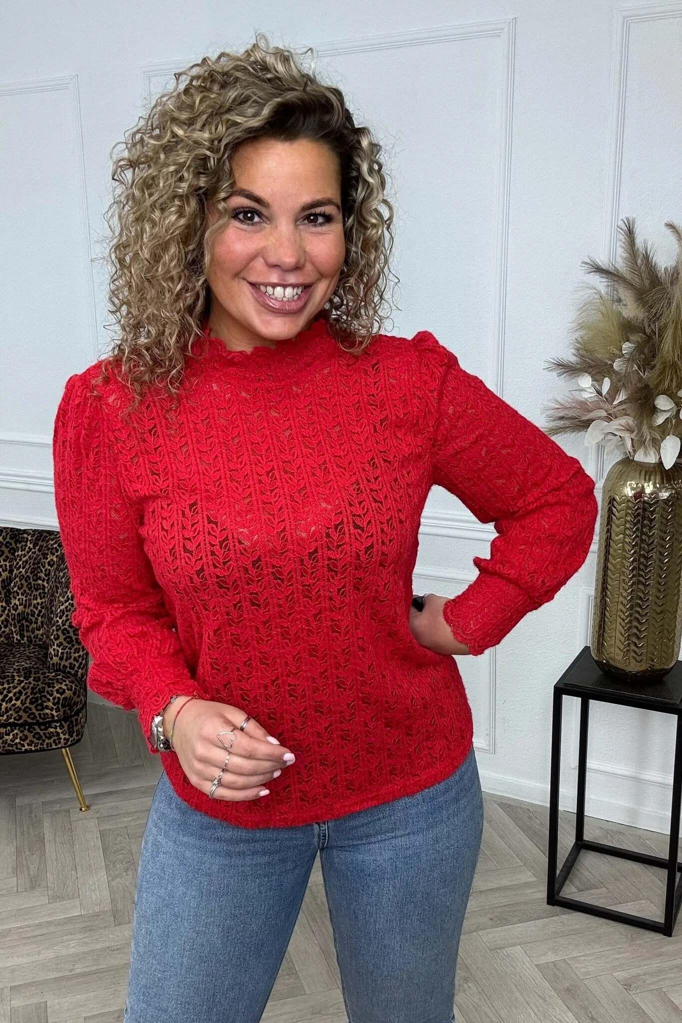 Long Sleeve Flower Lace Top - Red - Image 2