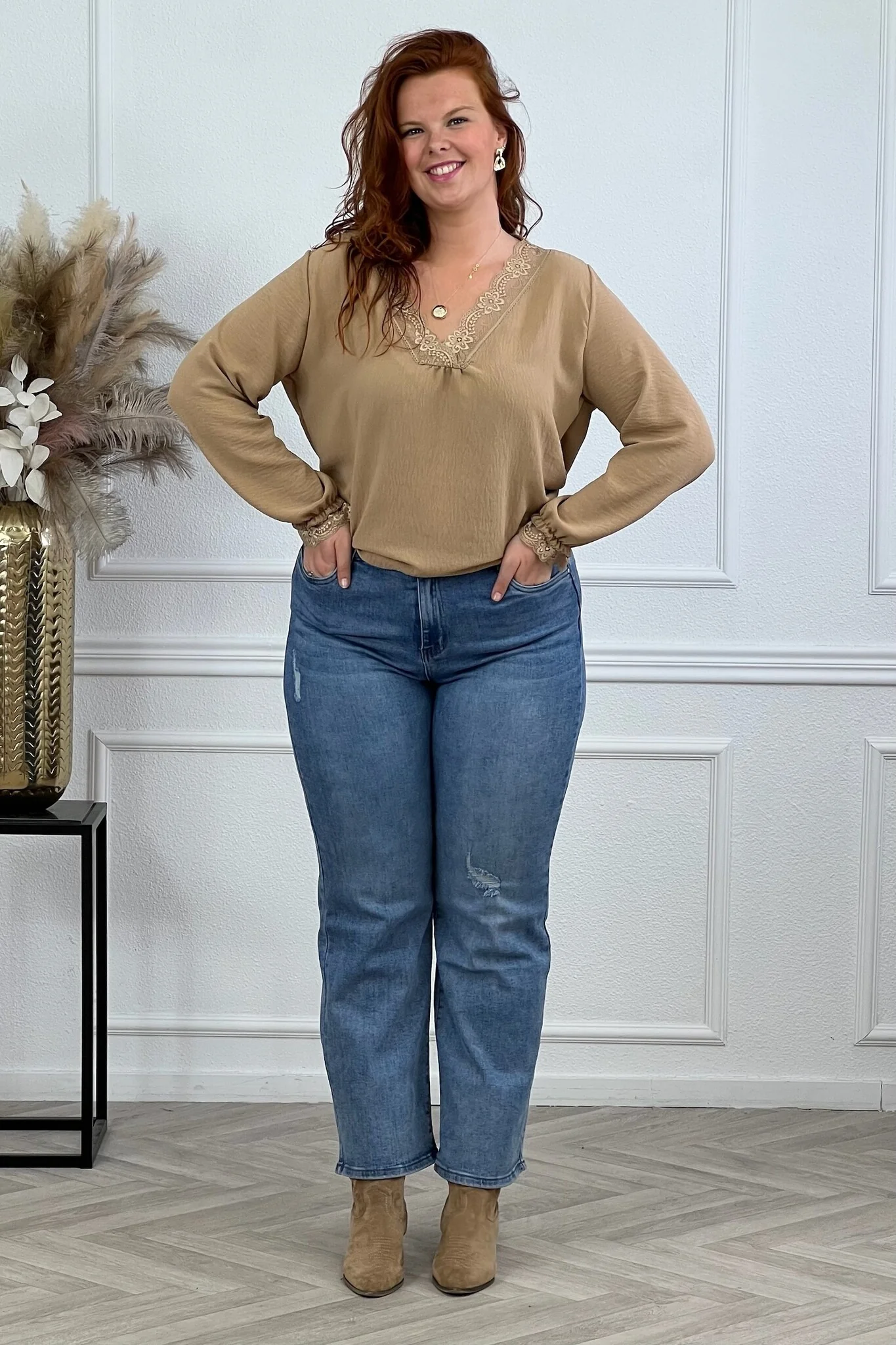 Long Sleeve Lace Top - Camel - Image 2
