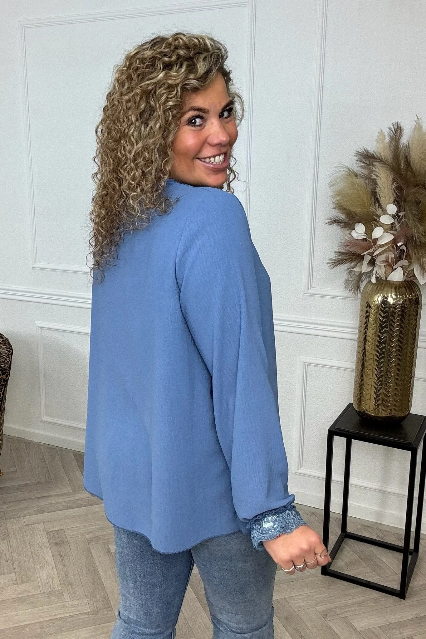 Long Sleeve Lace Top - Denim - Image 3