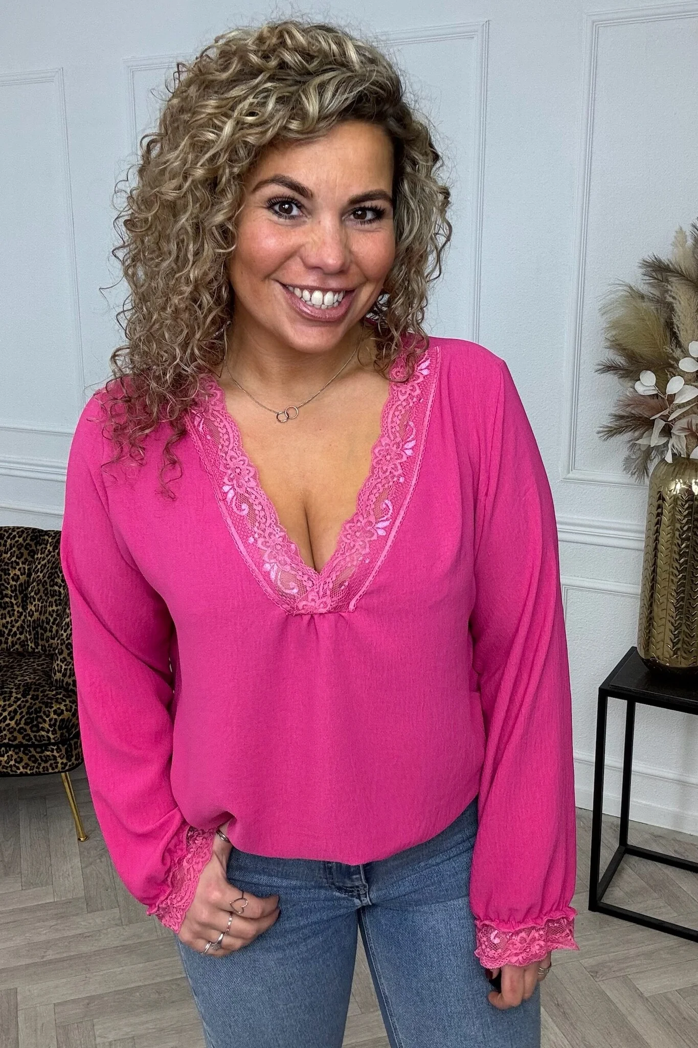 Long Sleeve Lace Top - Fuchsia - Image 3