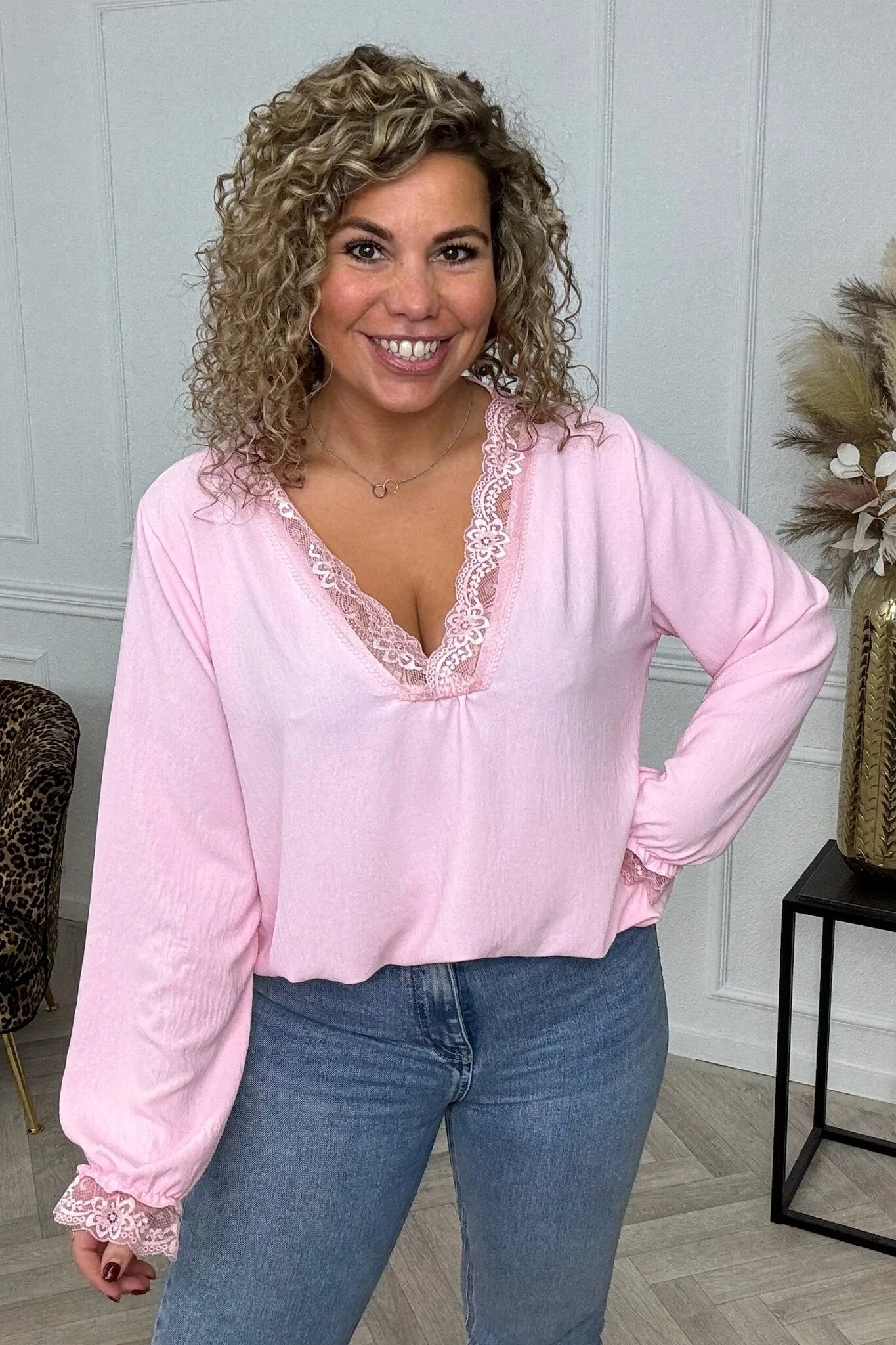 Long Sleeve Lace Top - Light Pink - Image 3