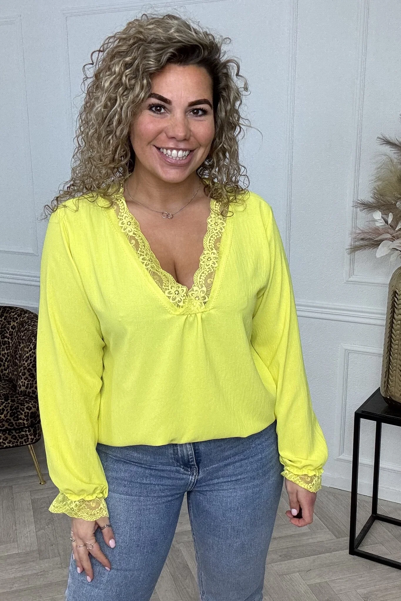 Long Sleeve Lace Top - Yellow - Image 2
