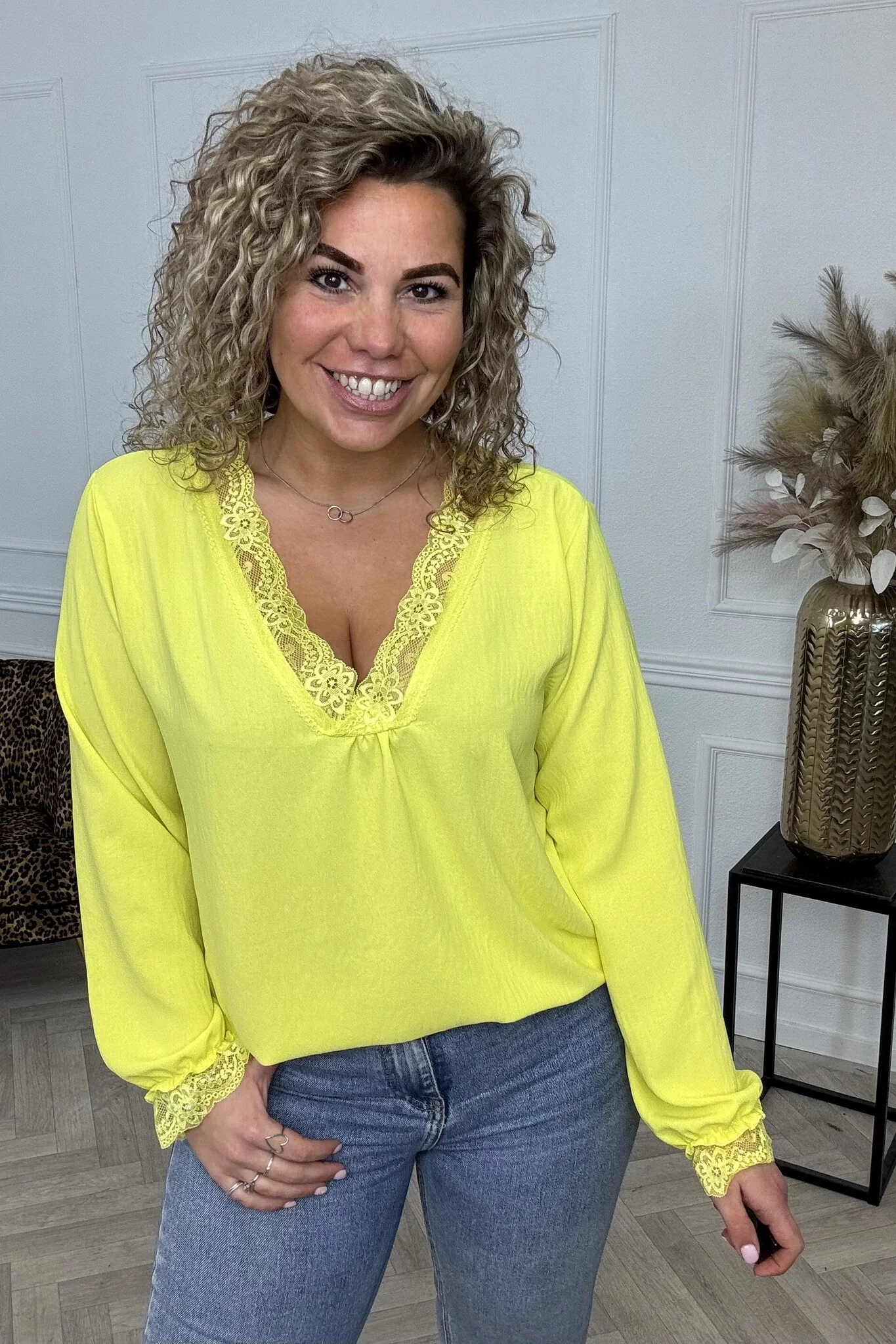 Long Sleeve Lace Top - Yellow - Image 3