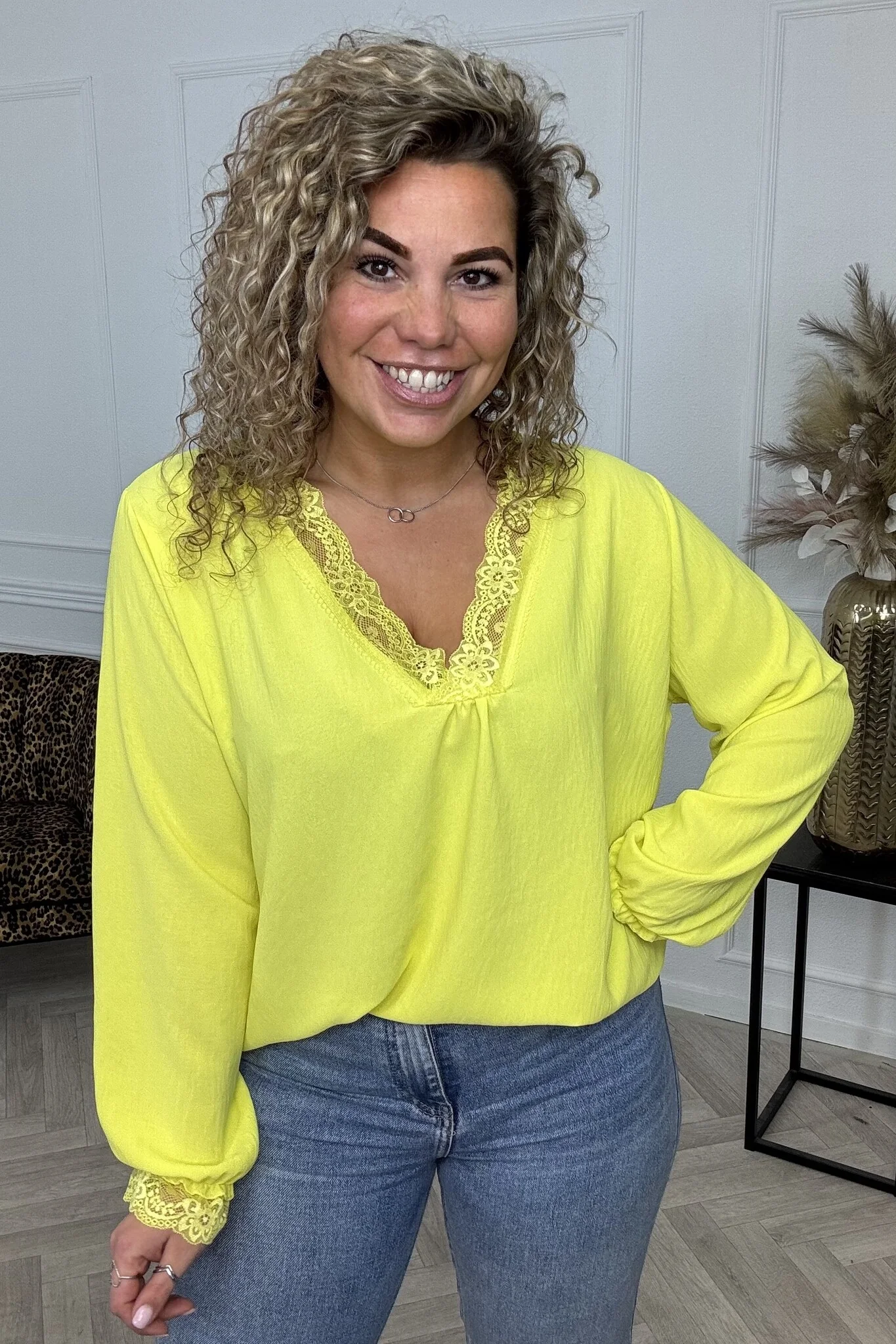 Long Sleeve Lace Top - Yellow - Image 4