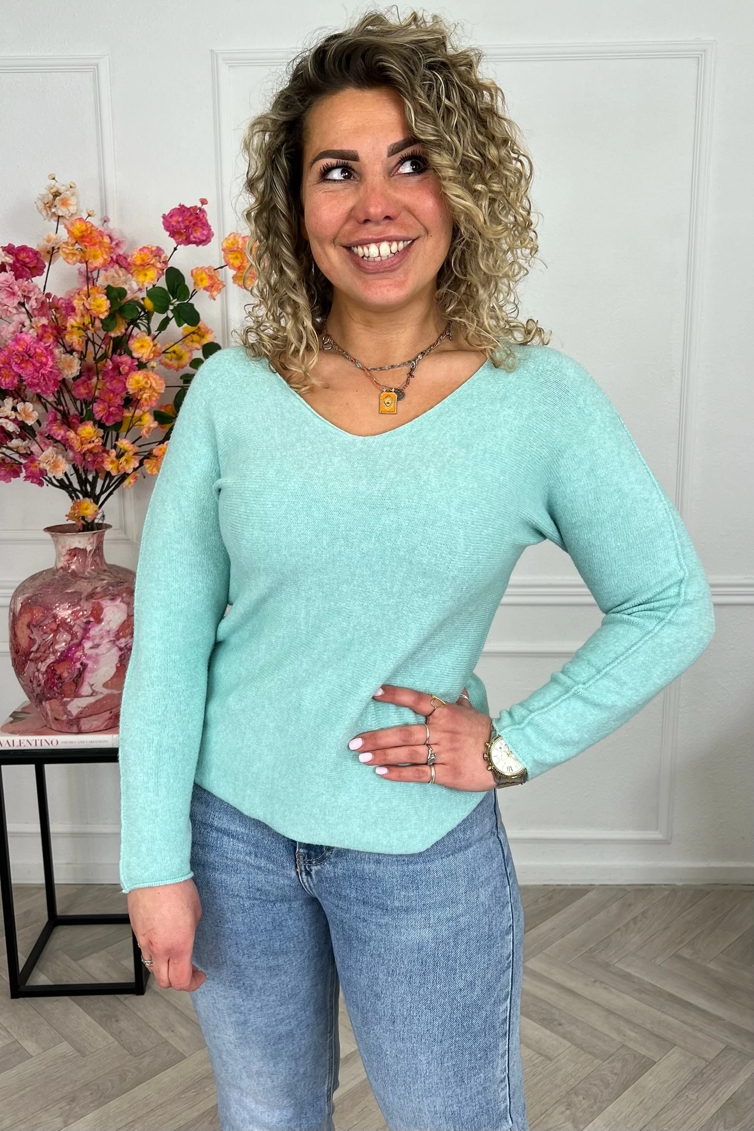 Long Sleeve Macy V Sweater - Mint - Image 3