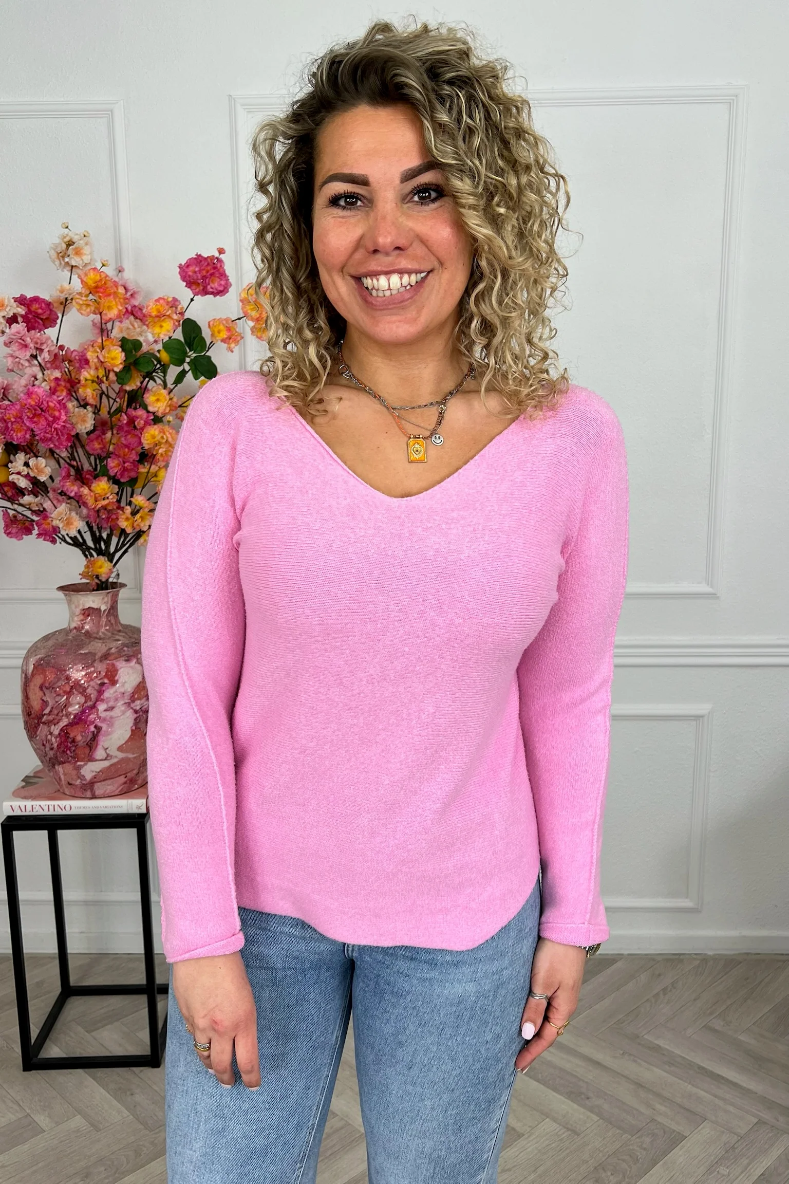 Long Sleeve Macy V Sweater - Sugar Pink