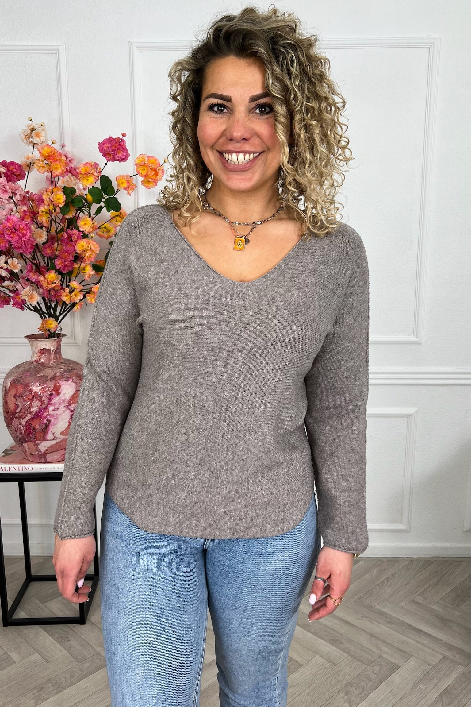 Long Sleeve Macy V Sweater - Taupe - Image 2