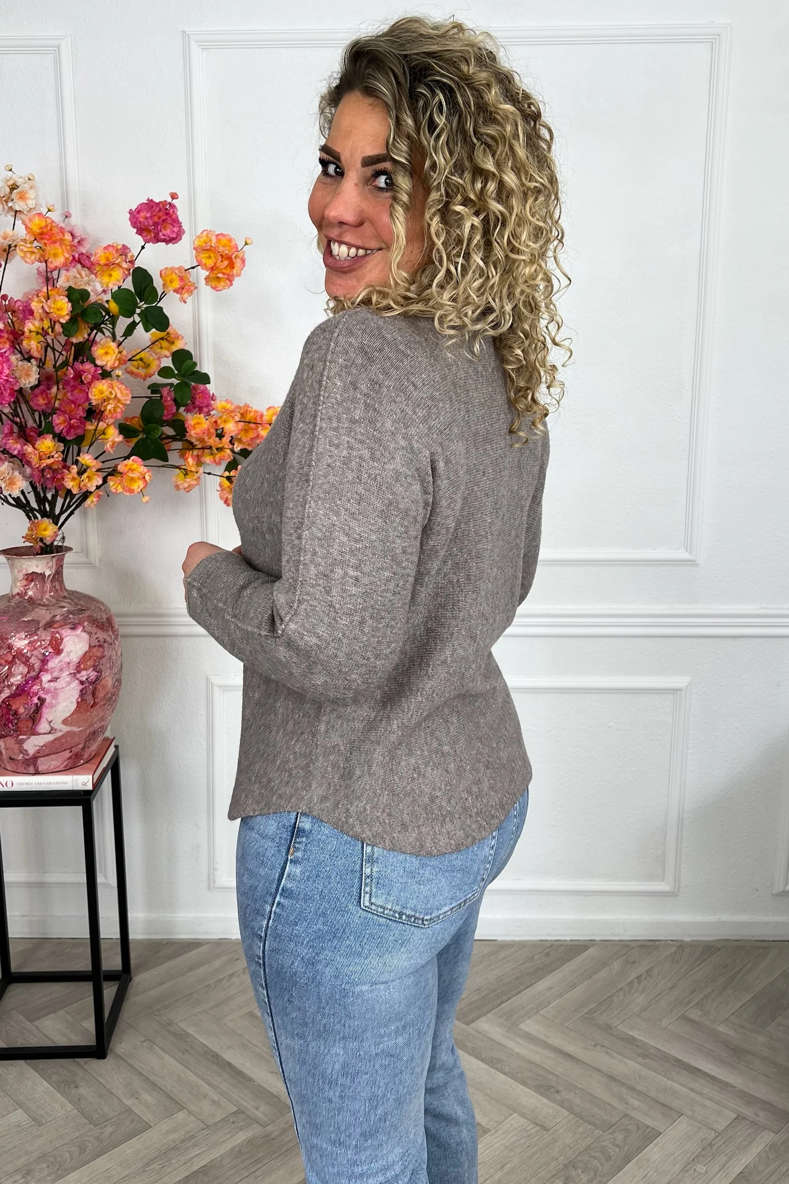 Long Sleeve Macy V Sweater - Taupe - Image 3