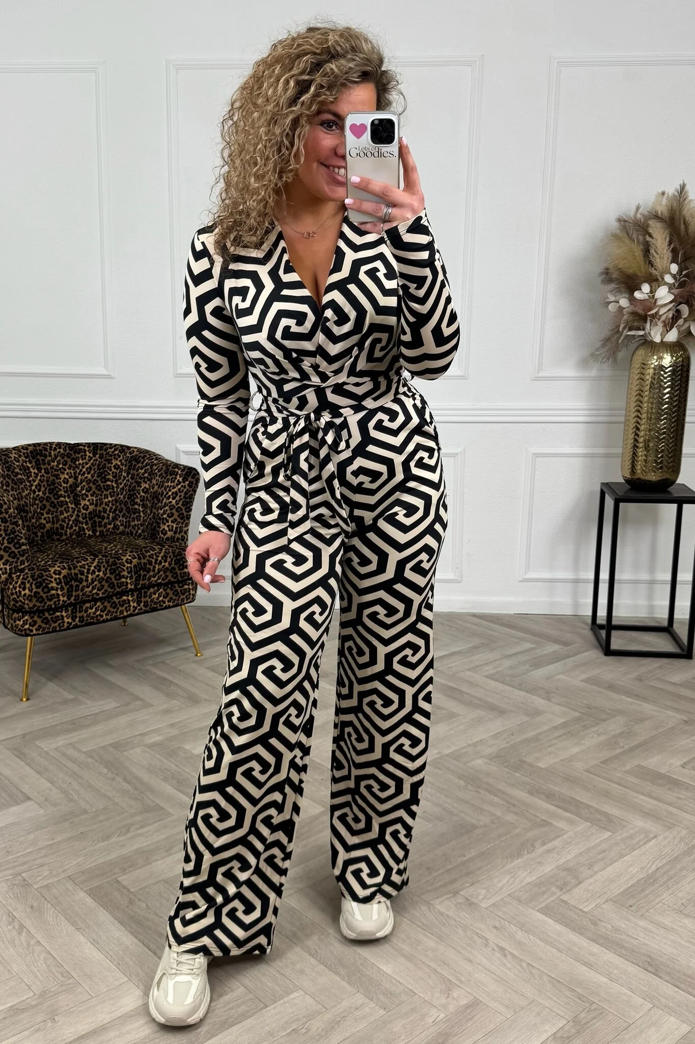 Long Sleeve Maze Jumpsuit - Beige/Black