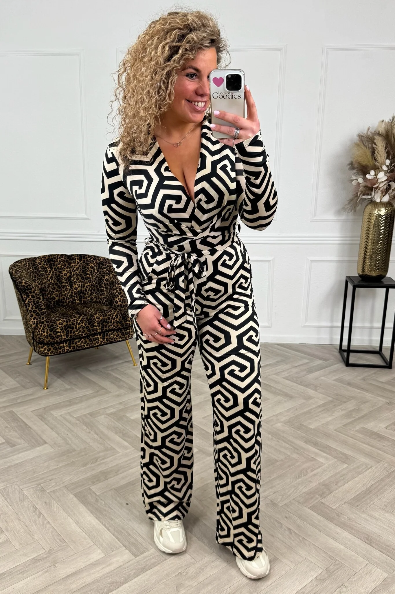 Long Sleeve Maze Jumpsuit - Beige/Black - Image 2