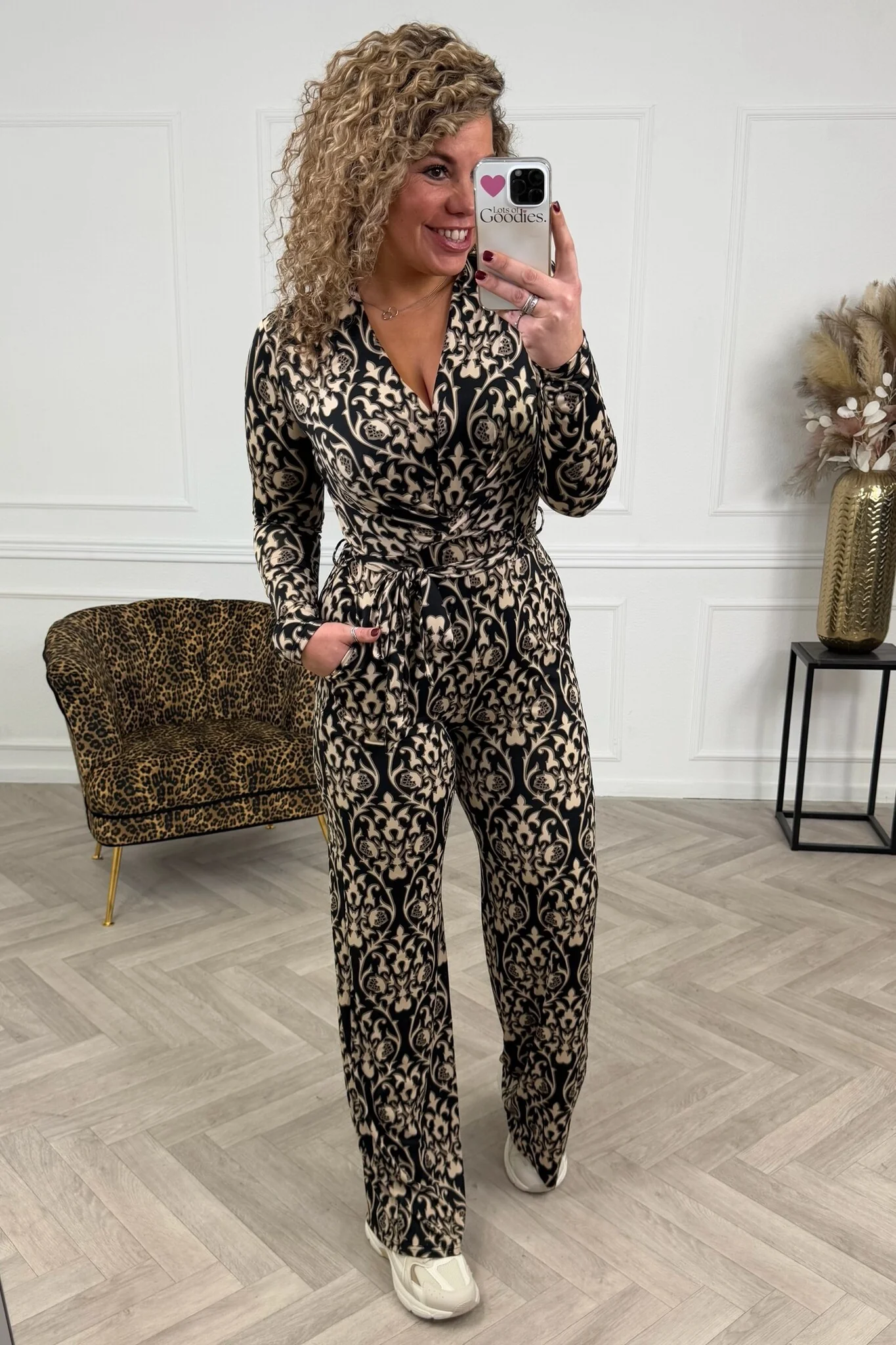 Long Sleeve Paisley Jumpsuit - Black/White/Grey - Image 2