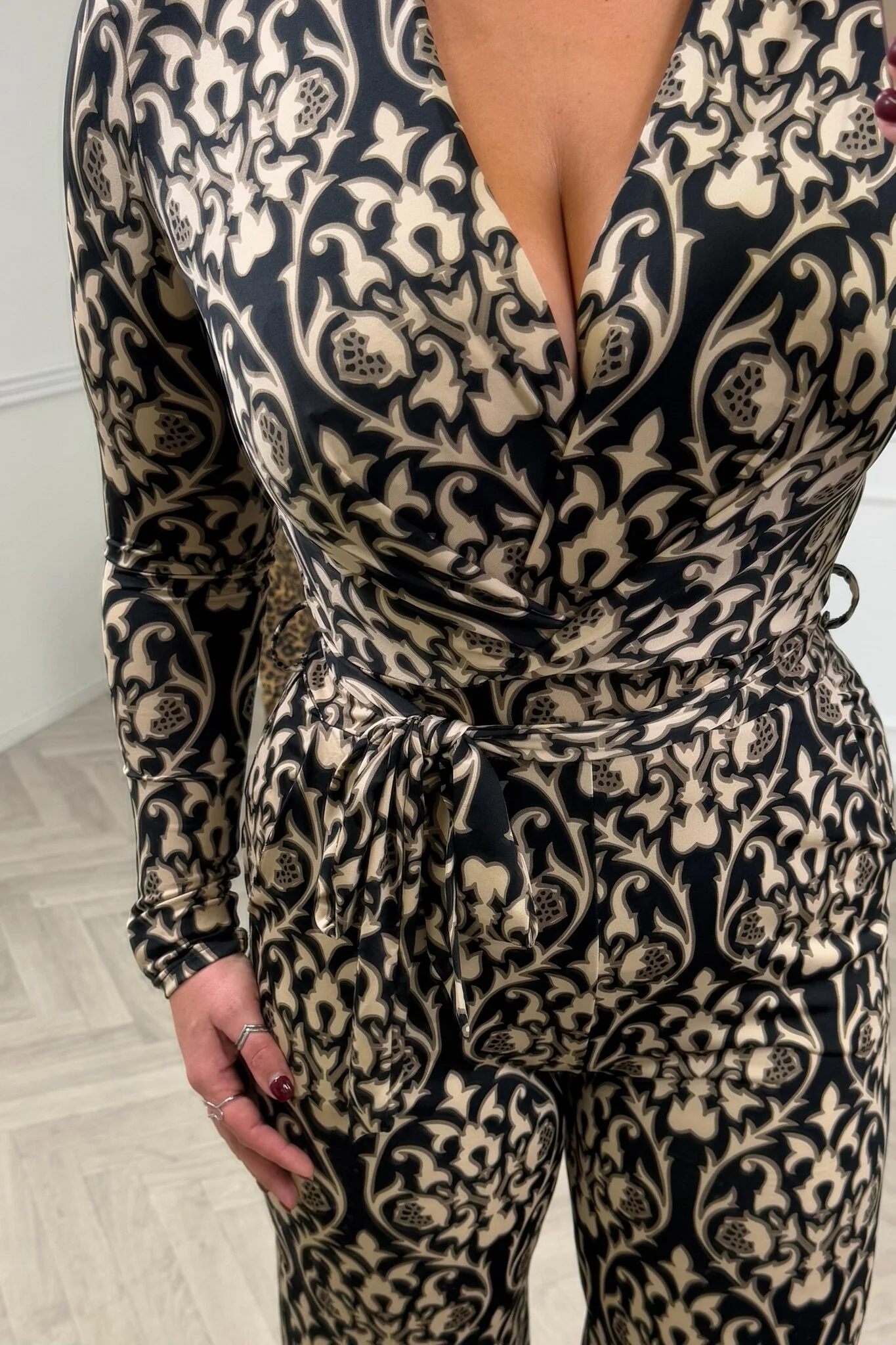 Long Sleeve Paisley Jumpsuit - Black/White/Grey - Image 3