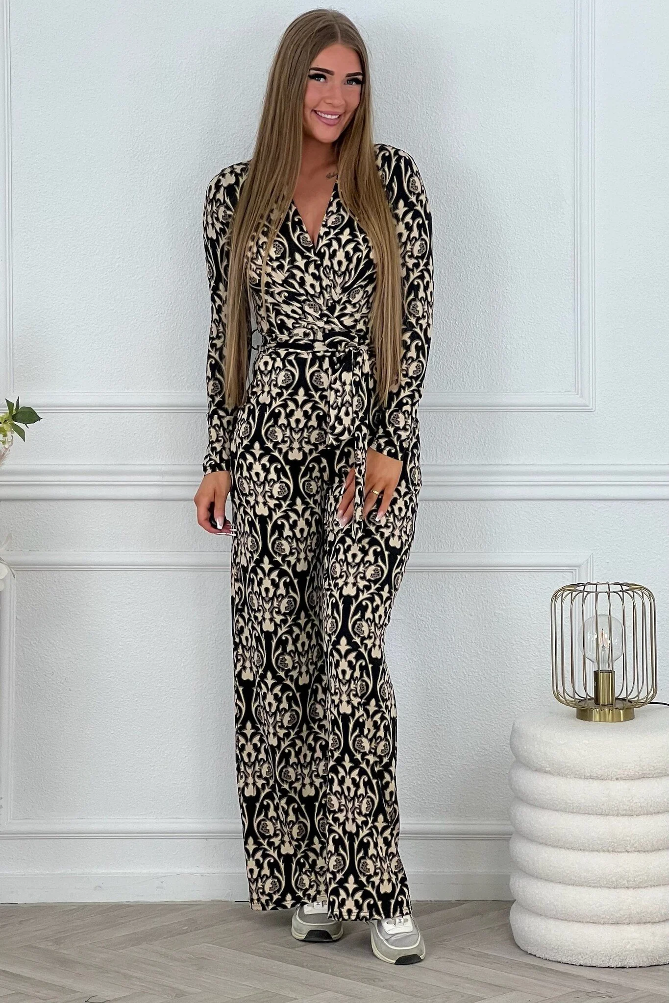 Long Sleeve Paisley Jumpsuit - Black/White/Grey - Image 4
