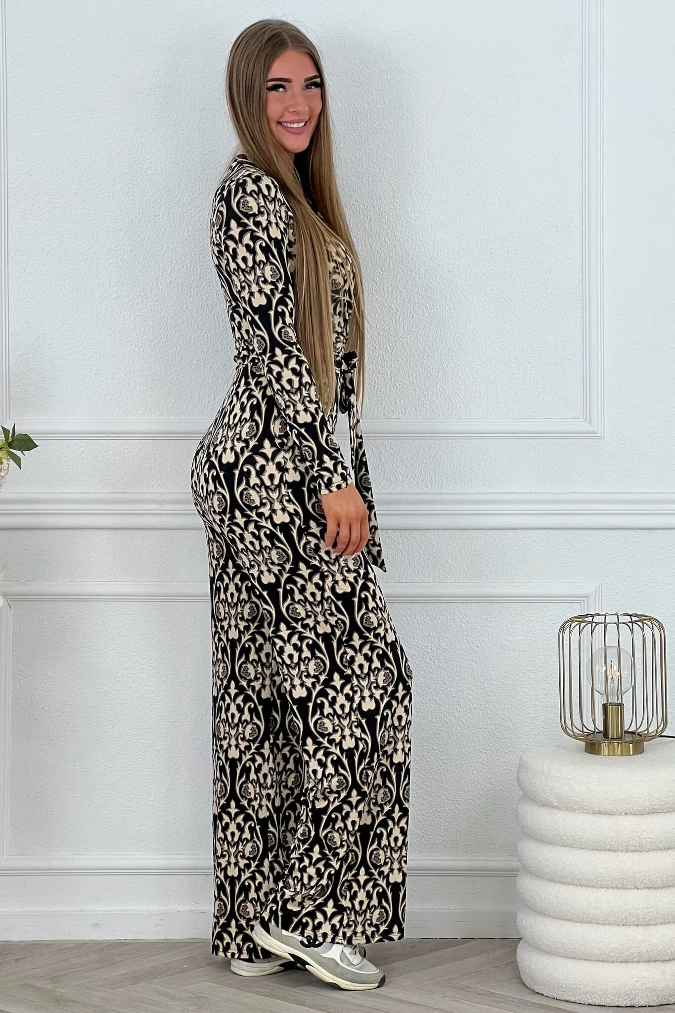 Long Sleeve Paisley Jumpsuit - Black/White/Grey - Image 5