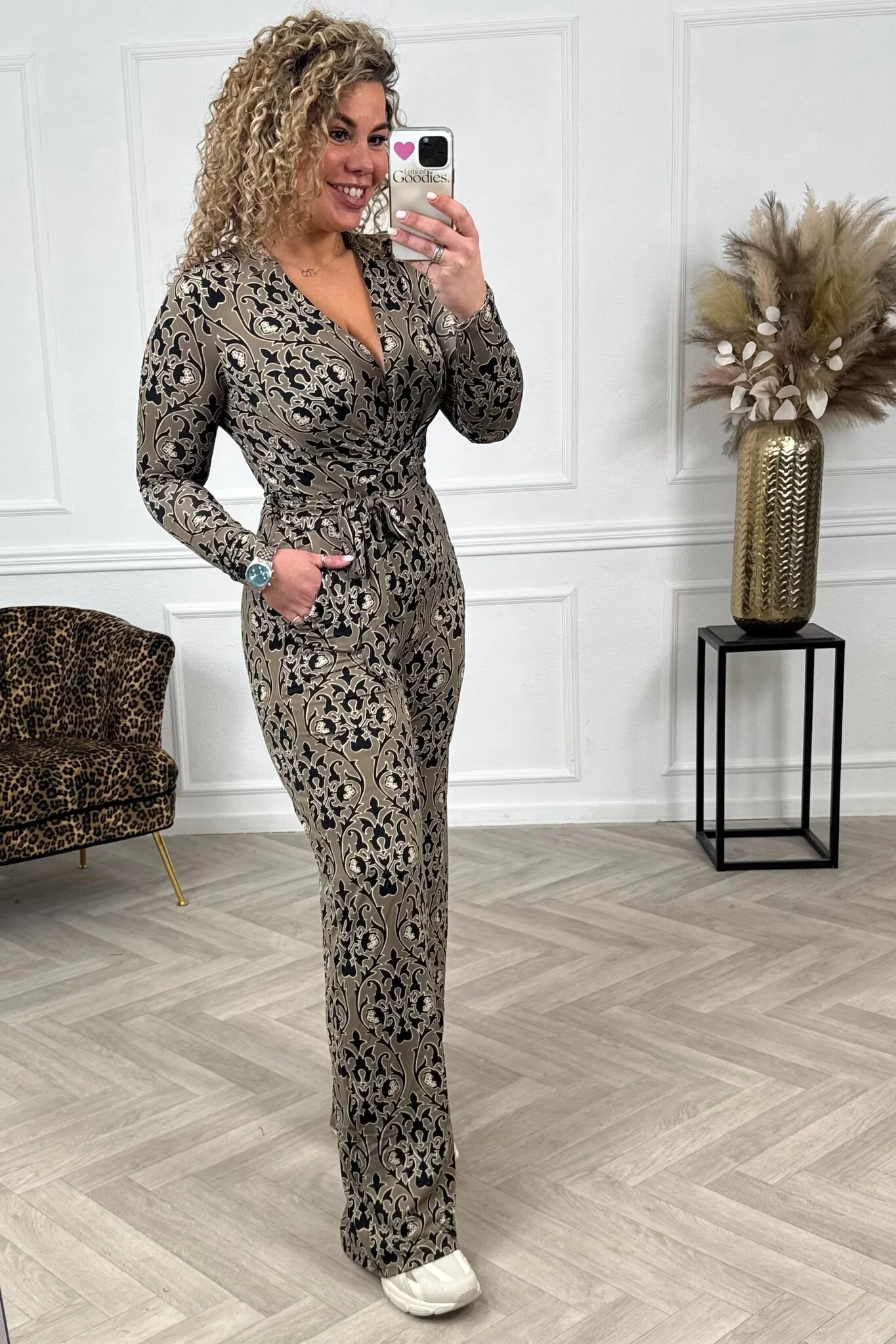 Long Sleeve Paisley Jumpsuit - Camel