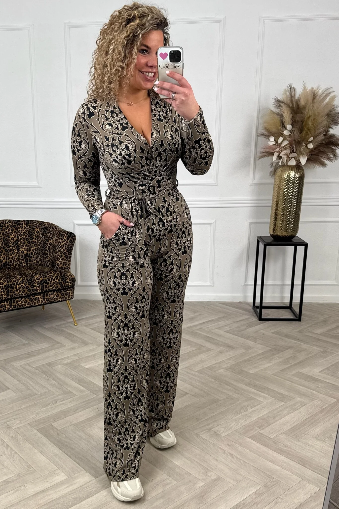 Long Sleeve Paisley Jumpsuit - Camel - Image 3