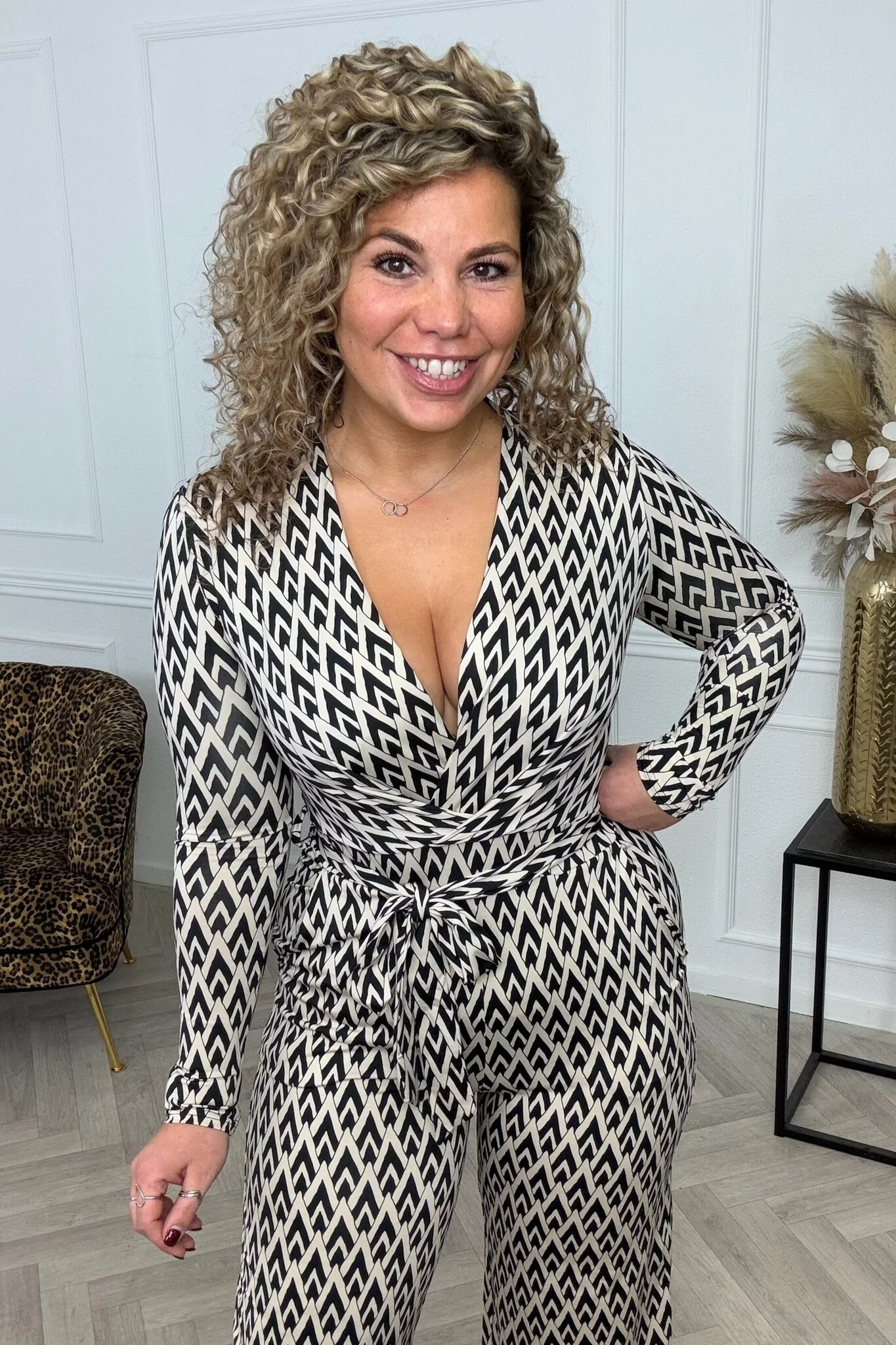 Long Sleeve Pyramid Jumpsuit - Black/Creme - Image 4