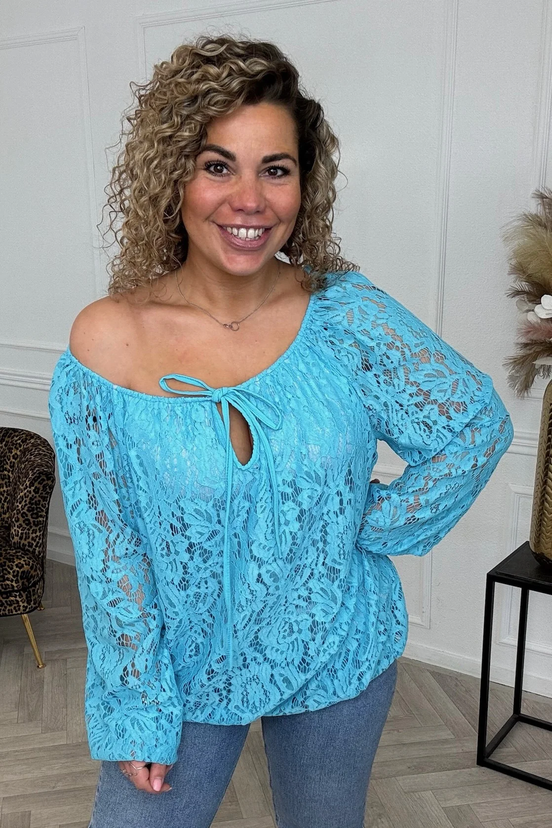 Long Sleeve Strik Lace Top - Blue - Image 2