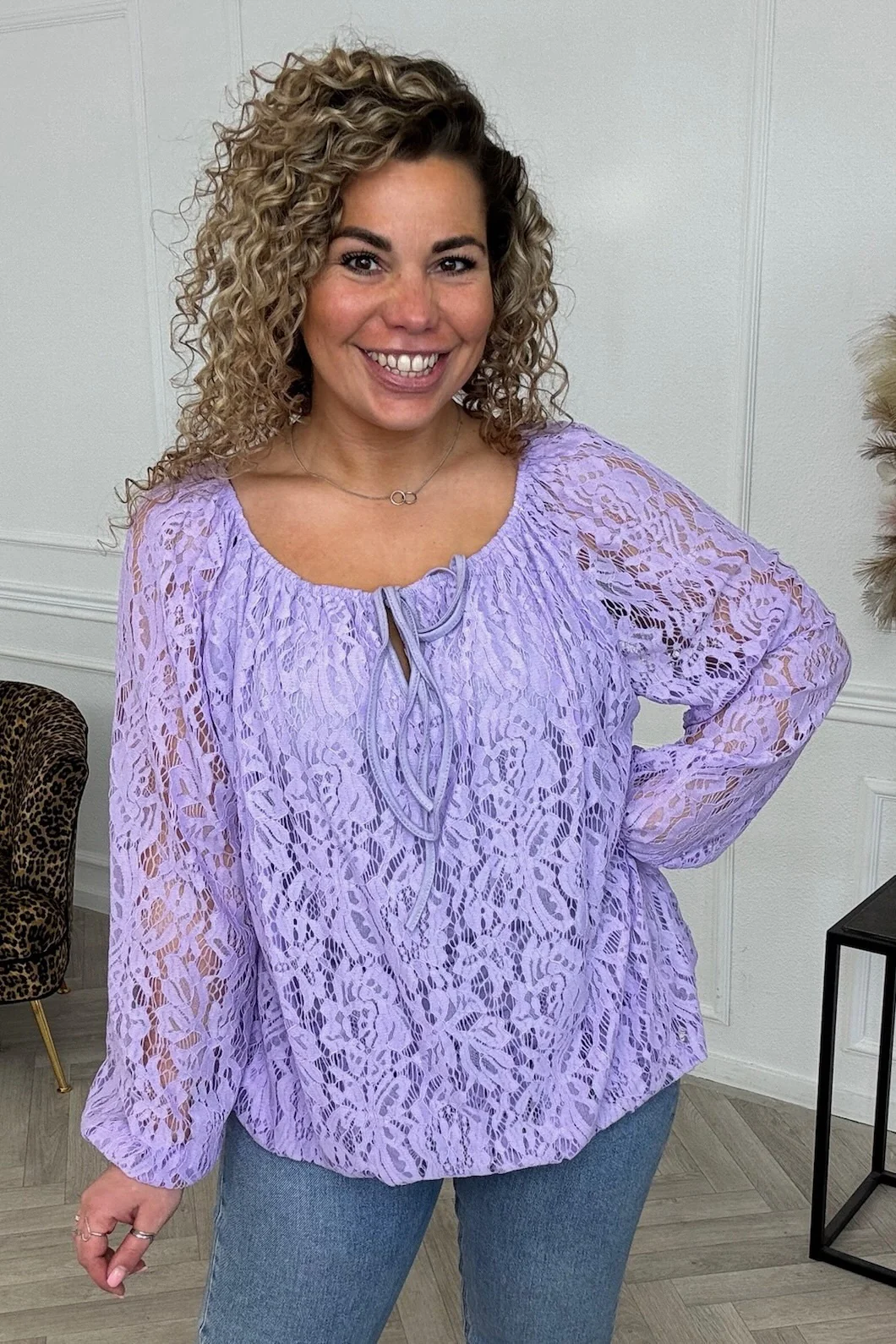 Long Sleeve Strik Lace Top - Lila