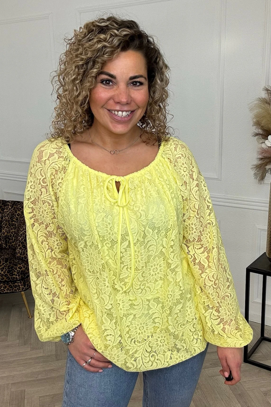 Long Sleeve Strik Lace Top - Yellow