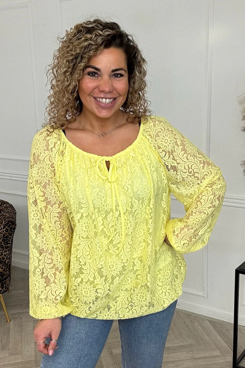 Long Sleeve Strik Lace Top - Yellow - Image 2
