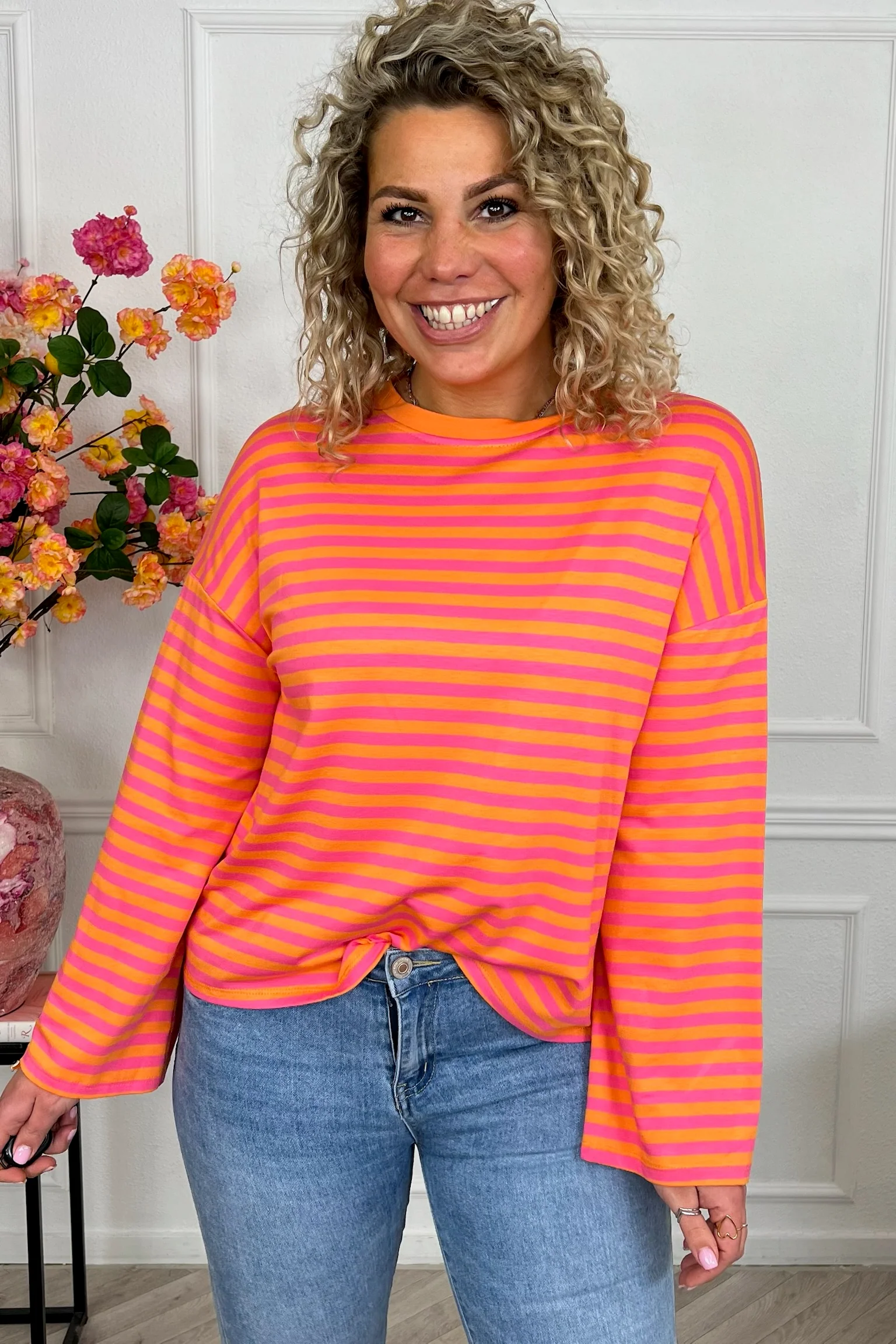 Long Sleeve Striped Shirt - Fuchsia/Orange - Image 3