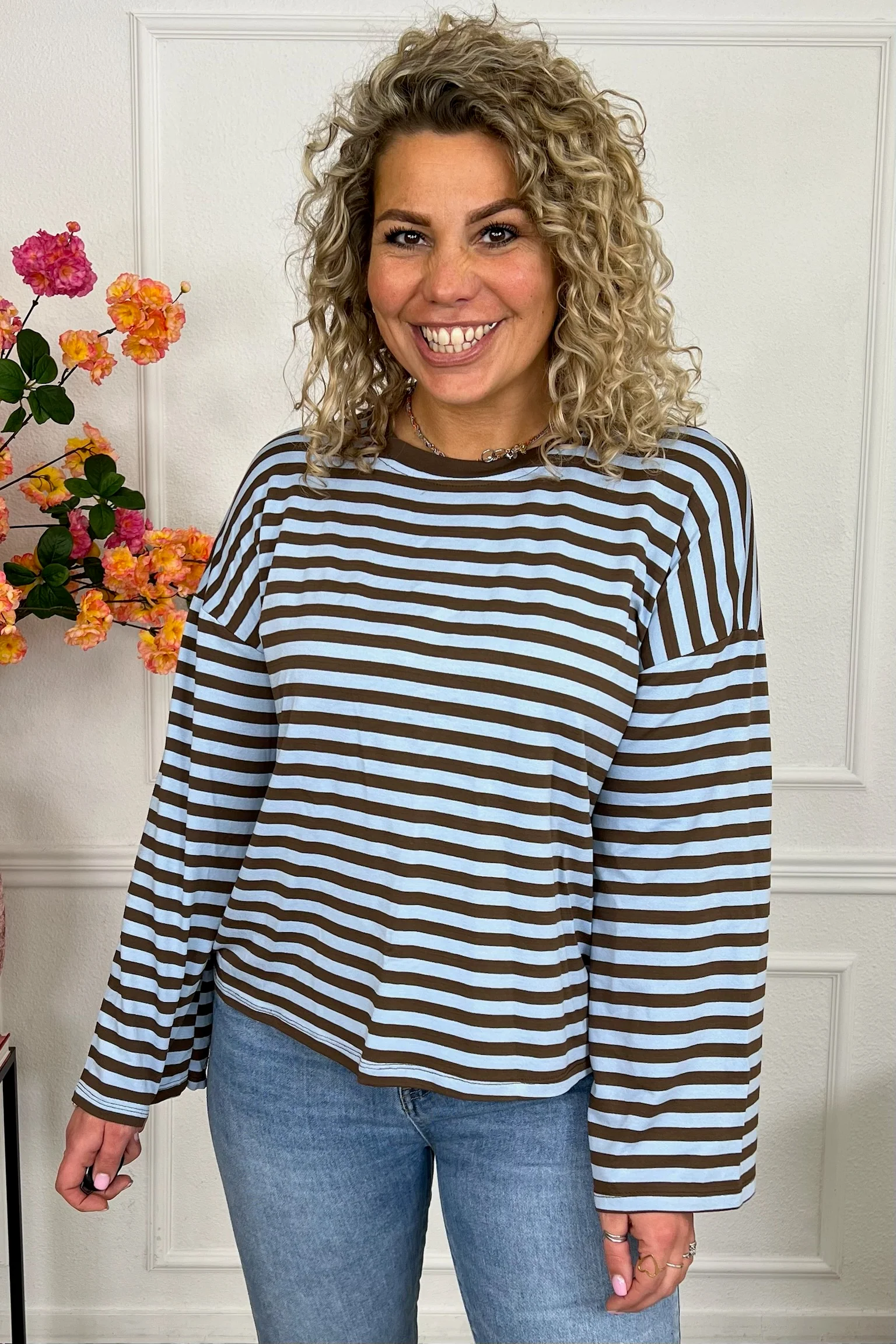 Long Sleeve Striped Shirt - Light Blue/Brown - Image 3