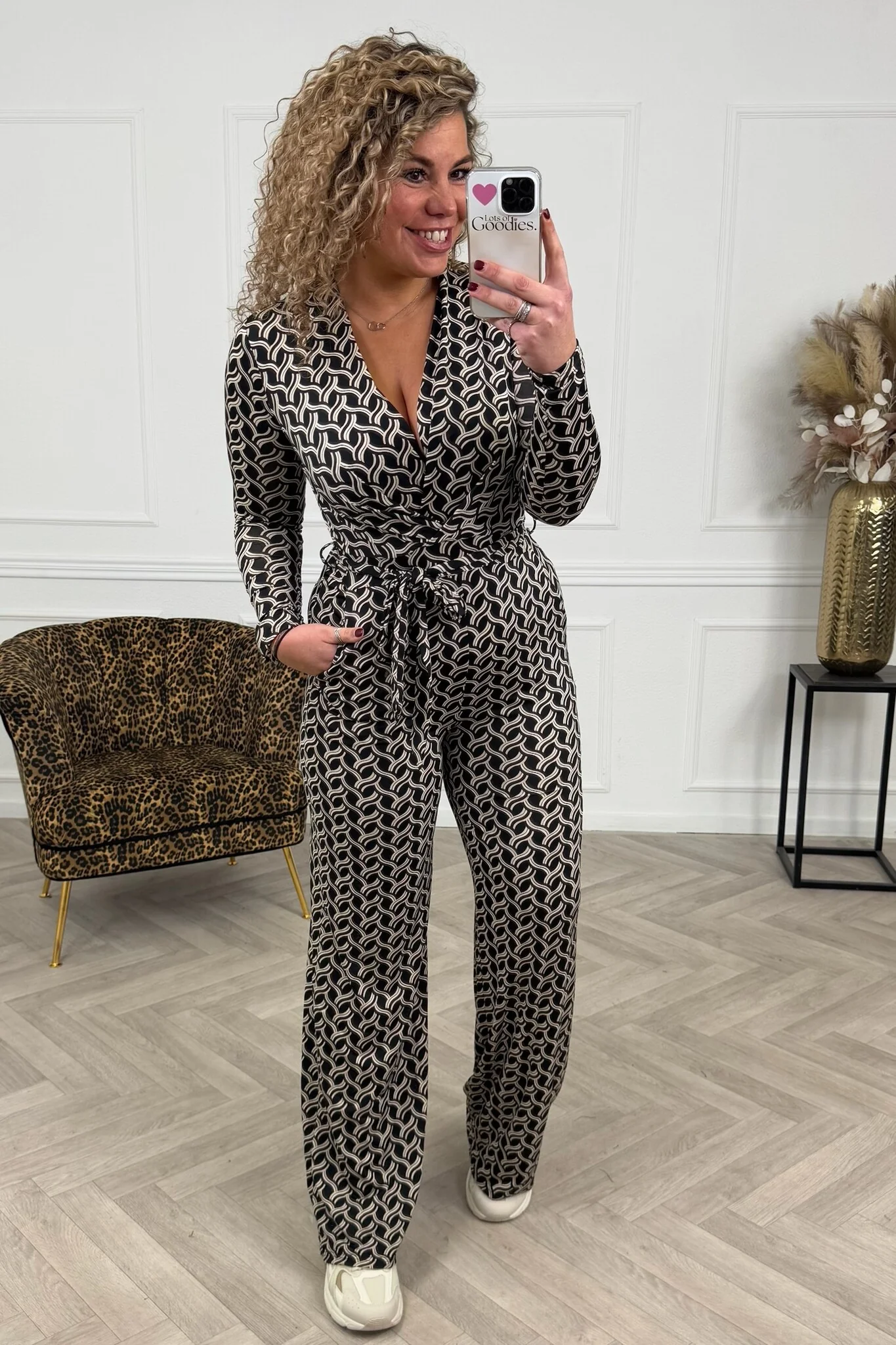 Long Sleeve Swirl Jumpsuit - Beige/Black