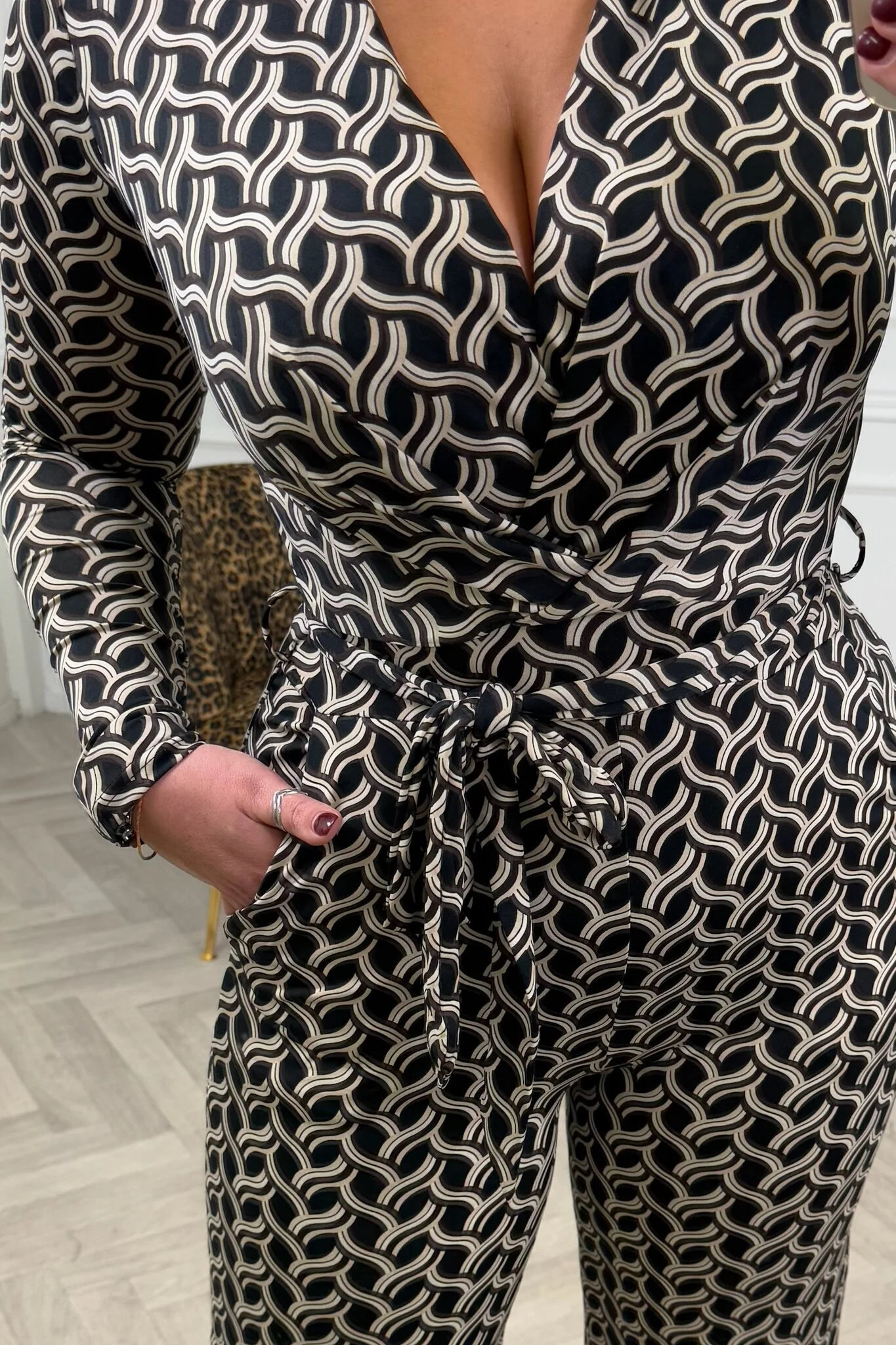 Long Sleeve Swirl Jumpsuit - Beige/Black - Image 2