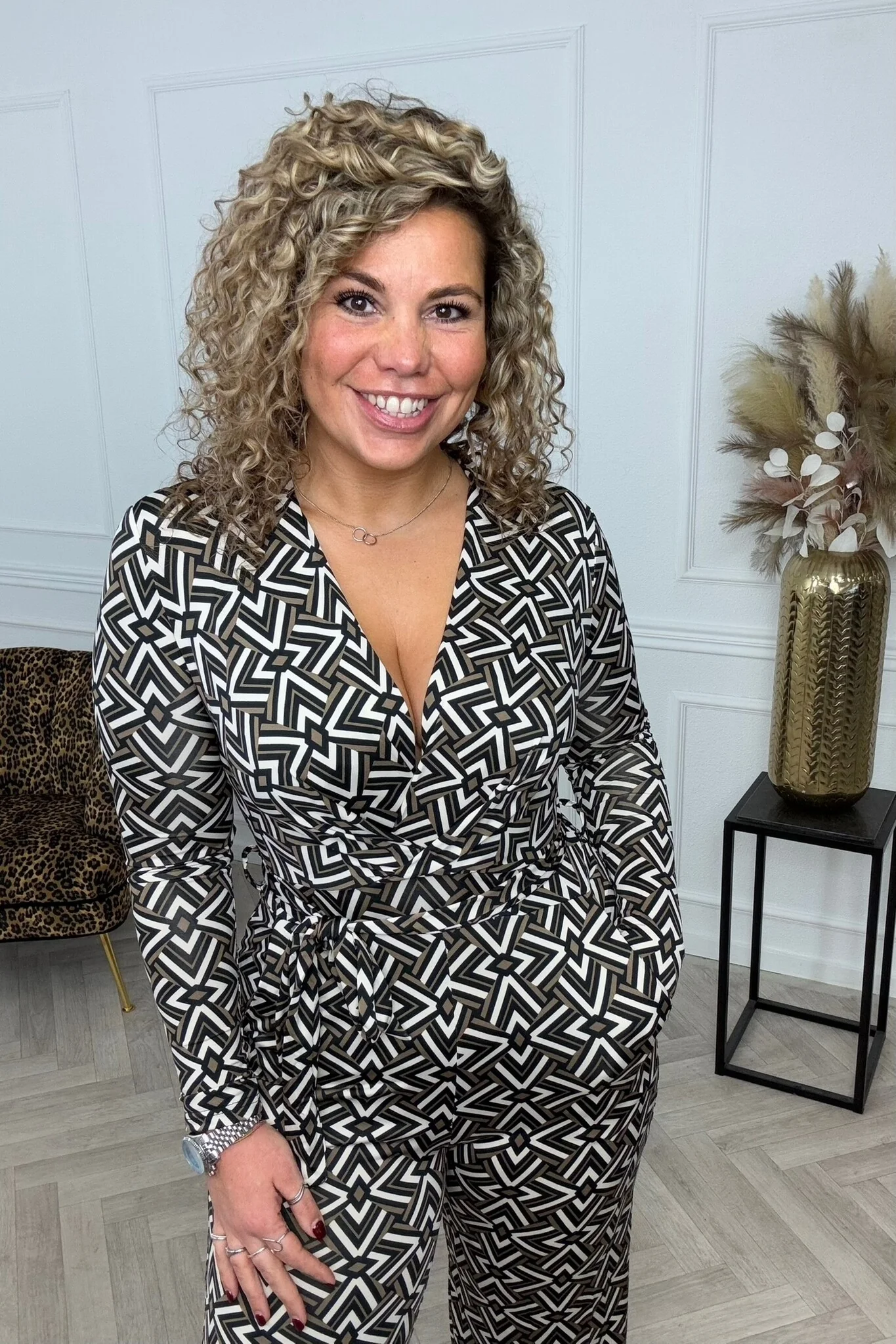 Long Sleeve Triangle Jumpsuit - Black/White/Grey - Image 2